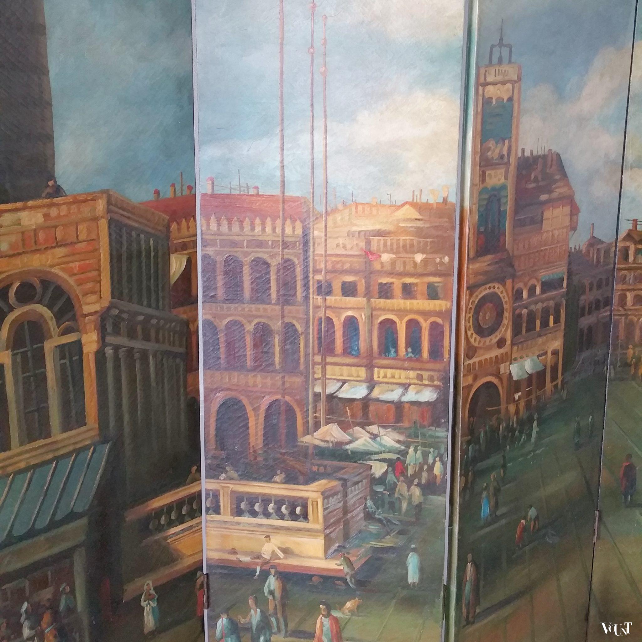 Vintage vierslags handbeschilderd kamerscherm, ca. jaren '50