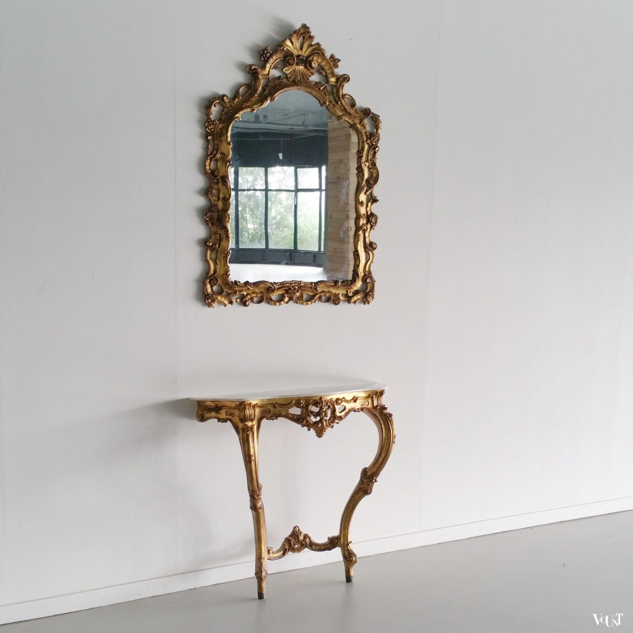 Mid-century "gouden" console en spiegel in barok-stijl, jaren '50/'60