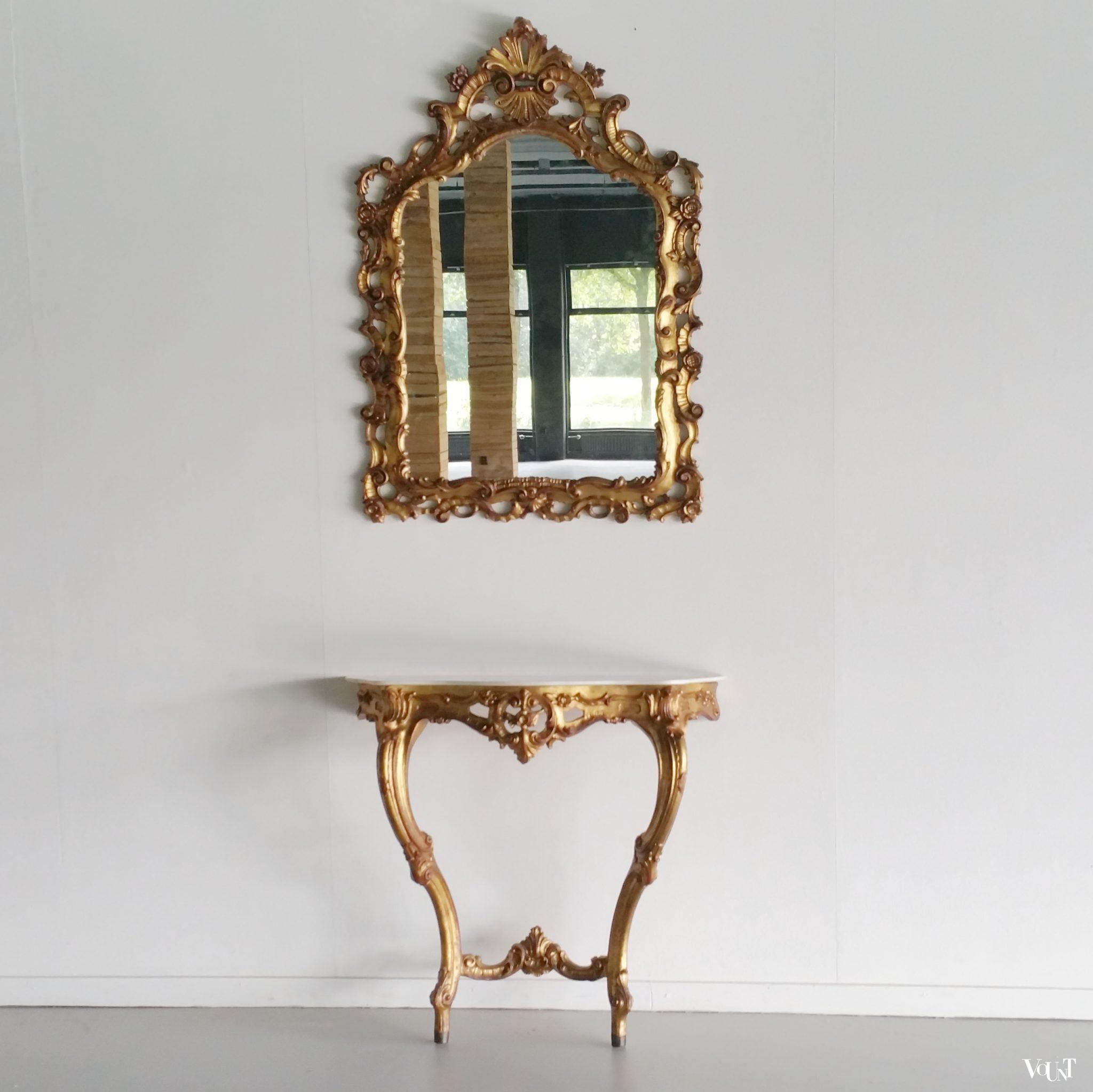 Mid-century "gouden" console en spiegel in barok-stijl, jaren '50/'60