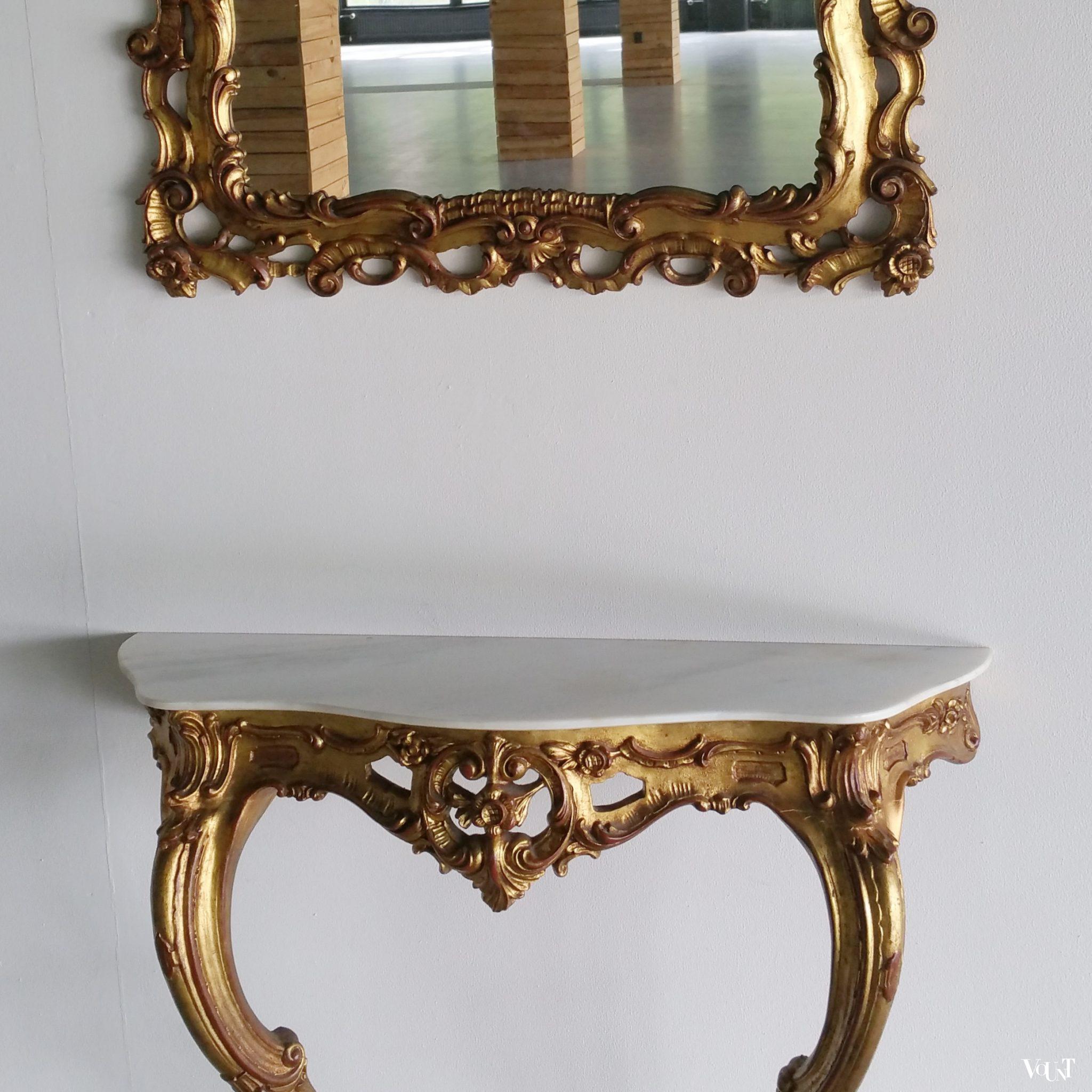 Mid-century "gouden" console en spiegel in barok-stijl, jaren '50/'60