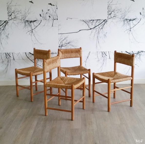 4 houten rietgematte stoelen, (in de stijl van) Charlotte Perriand, jaren '50