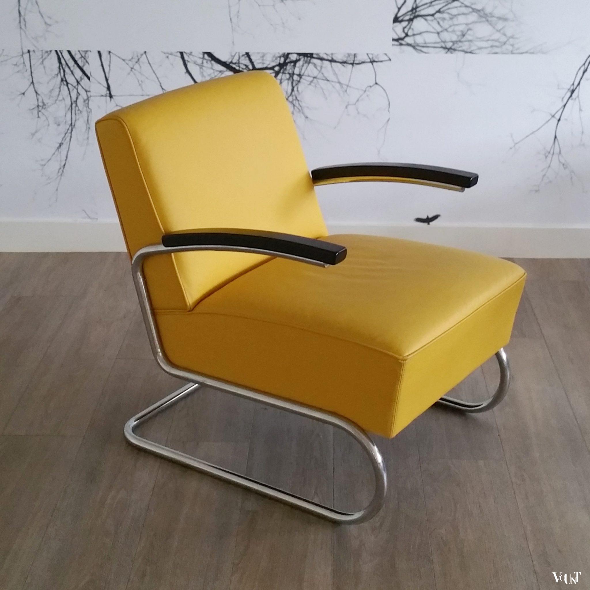 Thonet S 411 buisframe fauteuil geel leer, ca. 2010