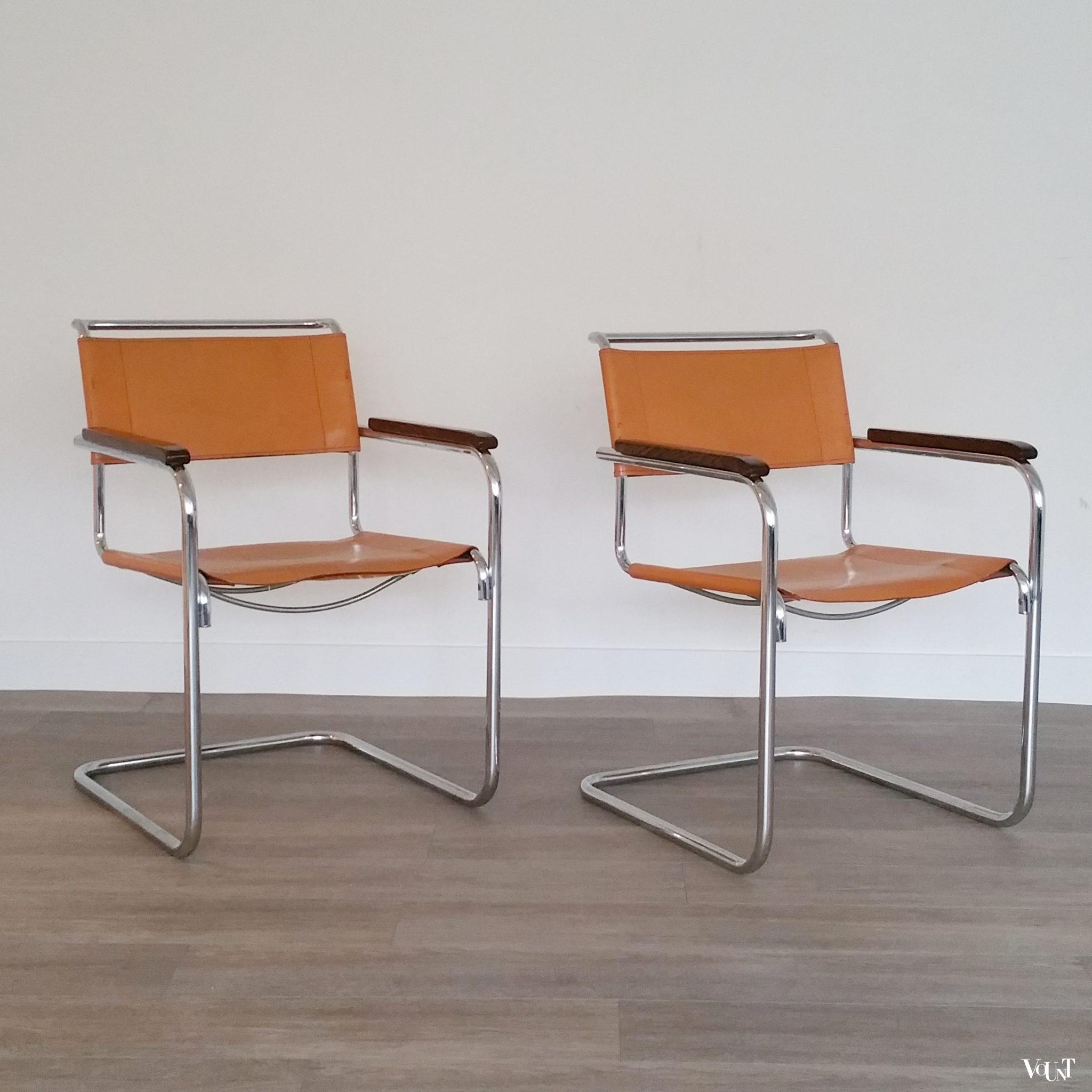 Set van 2 S34 buisframestoelen met leren bekleding, Mart Stam voor Thonet, 1980