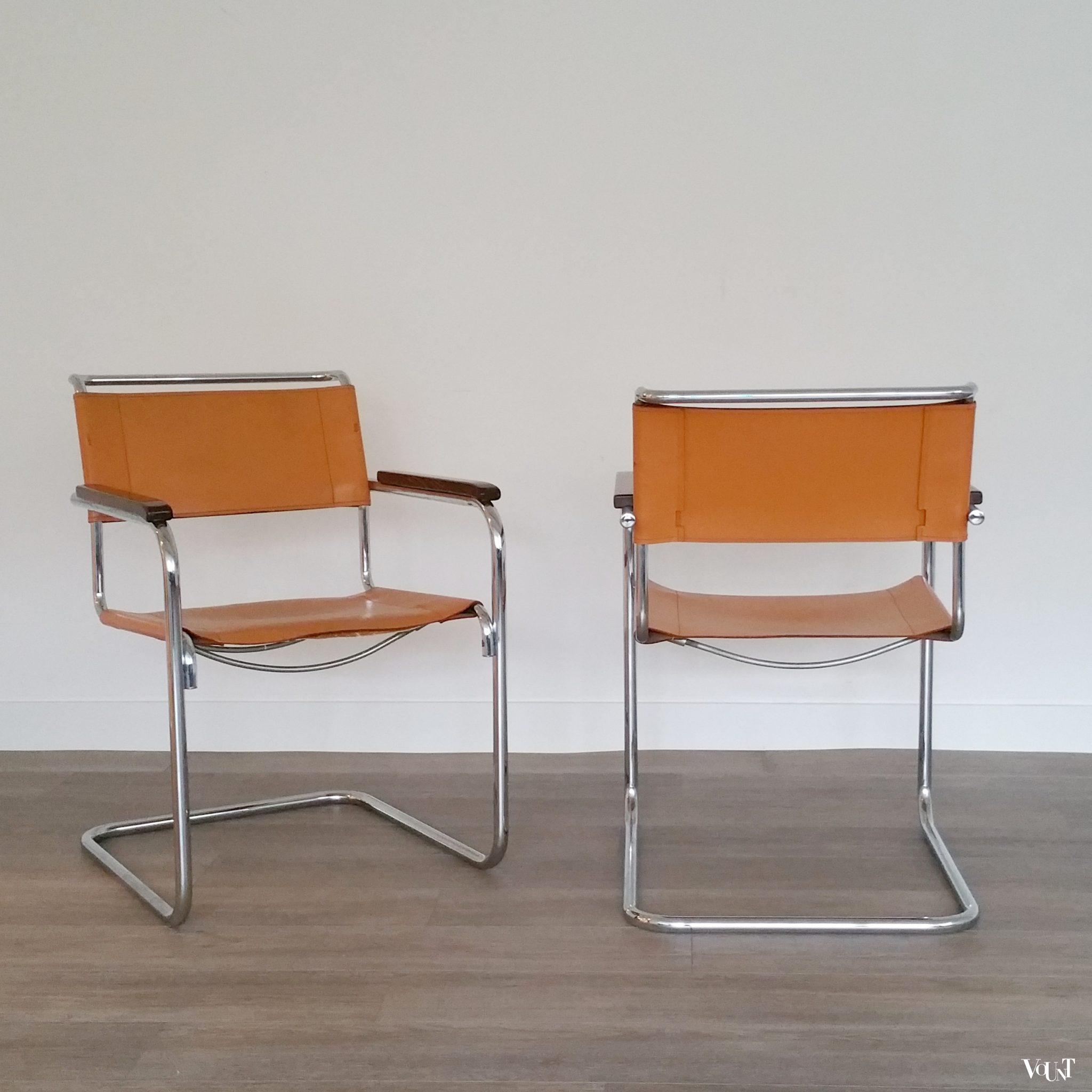 Set van 2 S34 buisframestoelen met leren bekleding, Mart Stam voor Thonet, 1980