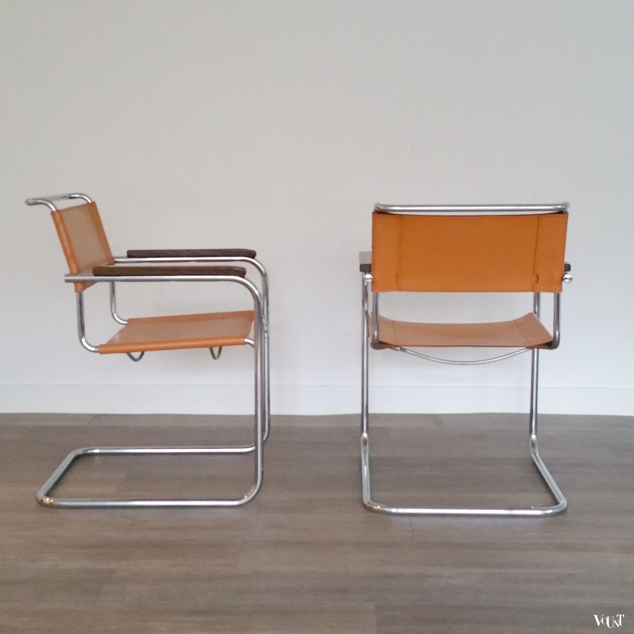 Set van 2 S34 buisframestoelen met leren bekleding, Mart Stam voor Thonet, 1980