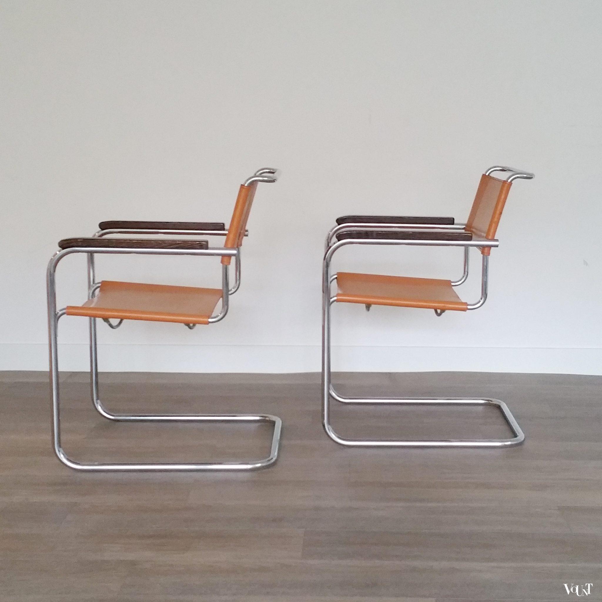 Set van 2 S34 buisframestoelen met leren bekleding, Mart Stam voor Thonet, 1980