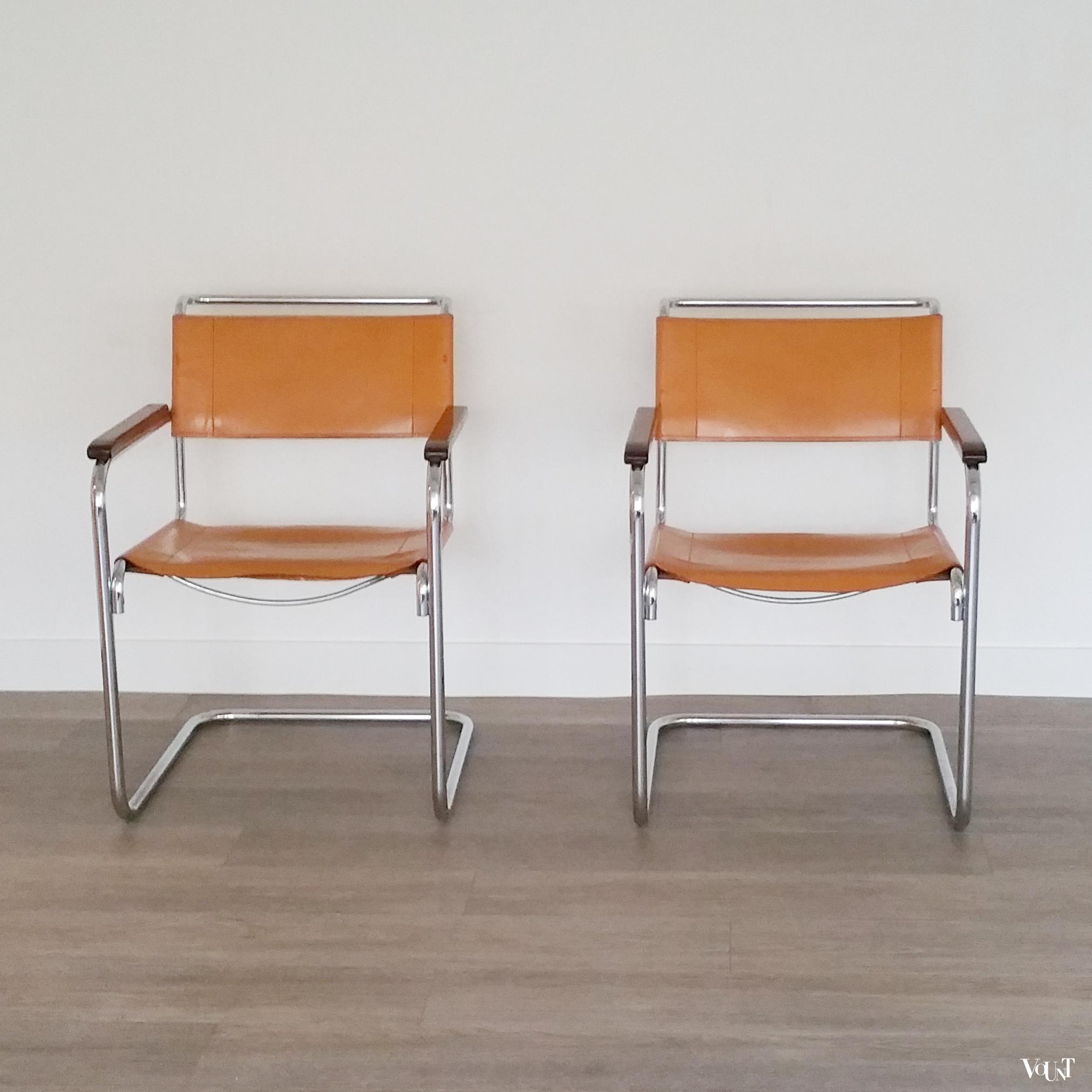Set van 2 S34 buisframestoelen met leren bekleding, Mart Stam voor Thonet, 1980