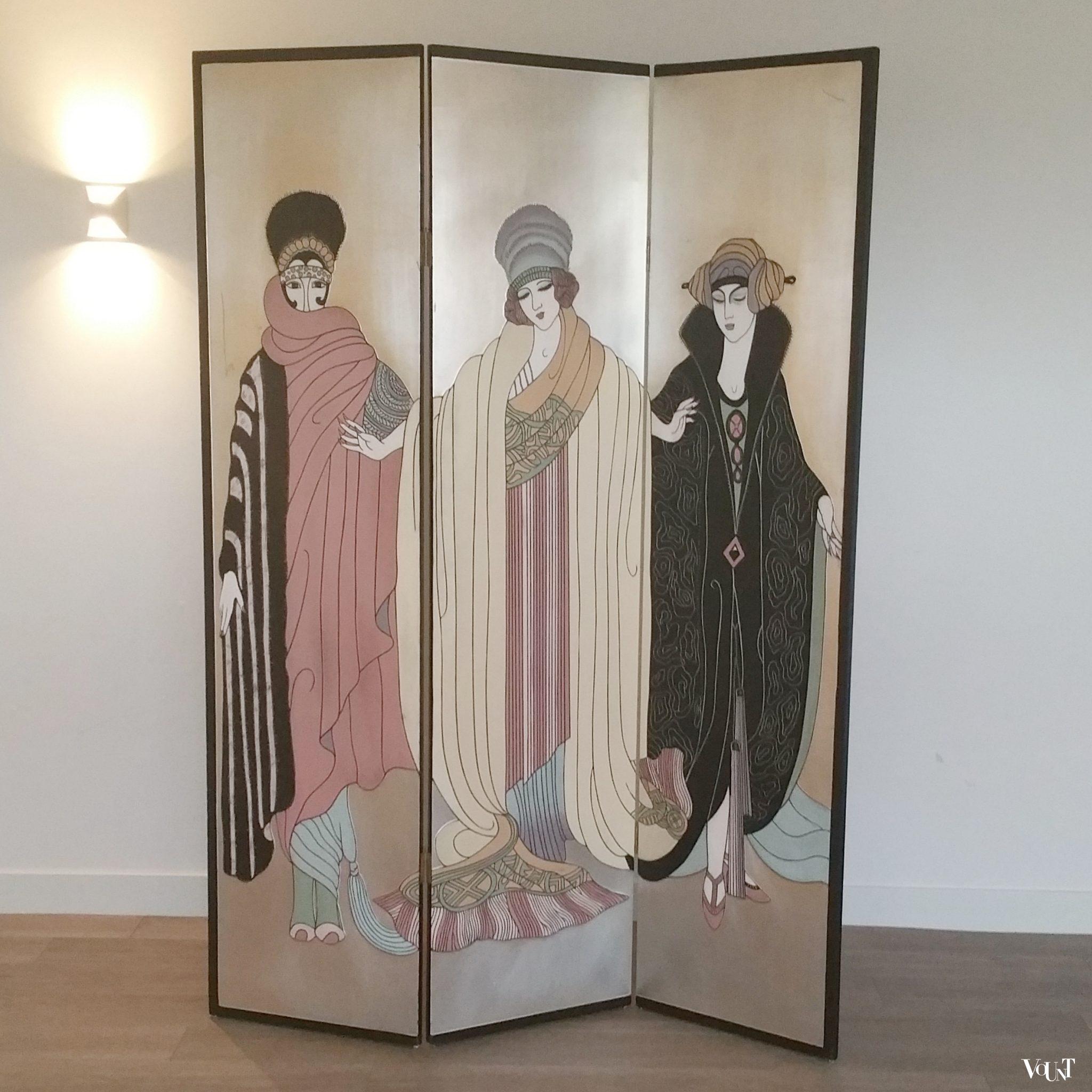 Art Deco kamerscherm met bladzilver in stijl Erté, jaren '60