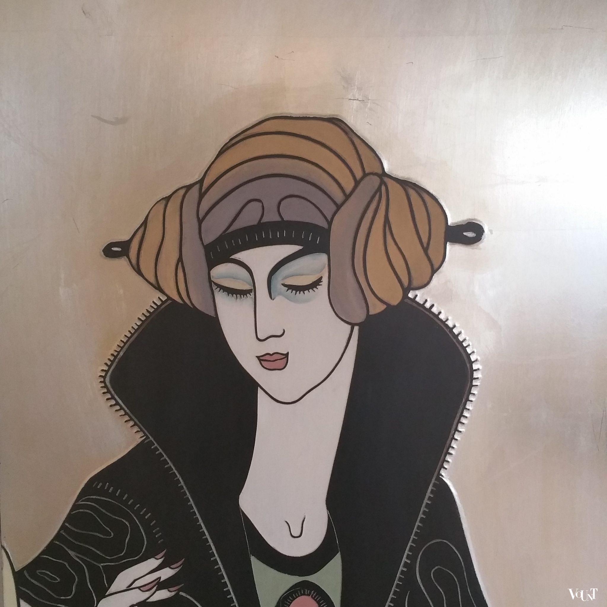 Art Deco kamerscherm met bladzilver in stijl Erté, jaren '60