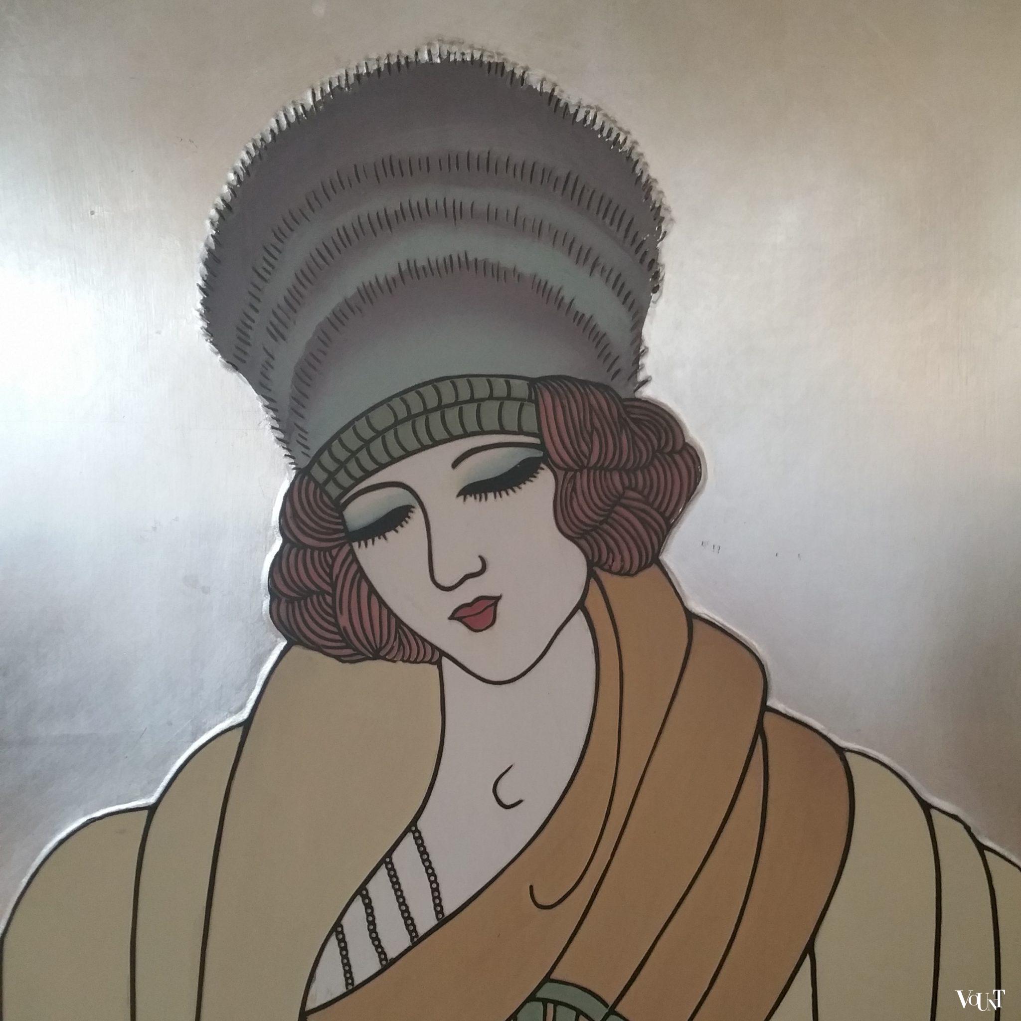 Art Deco kamerscherm met bladzilver in stijl Erté, jaren '60