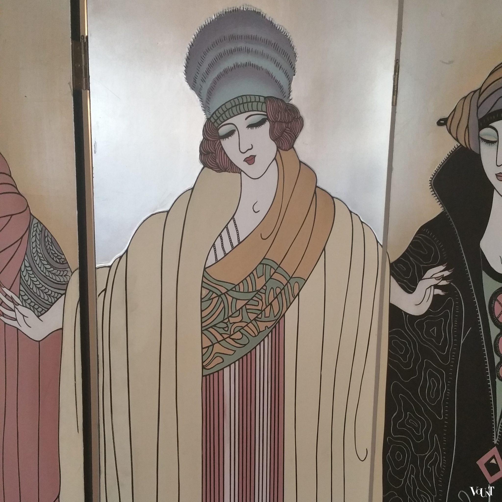 Art Deco kamerscherm met bladzilver in stijl Erté, jaren '60