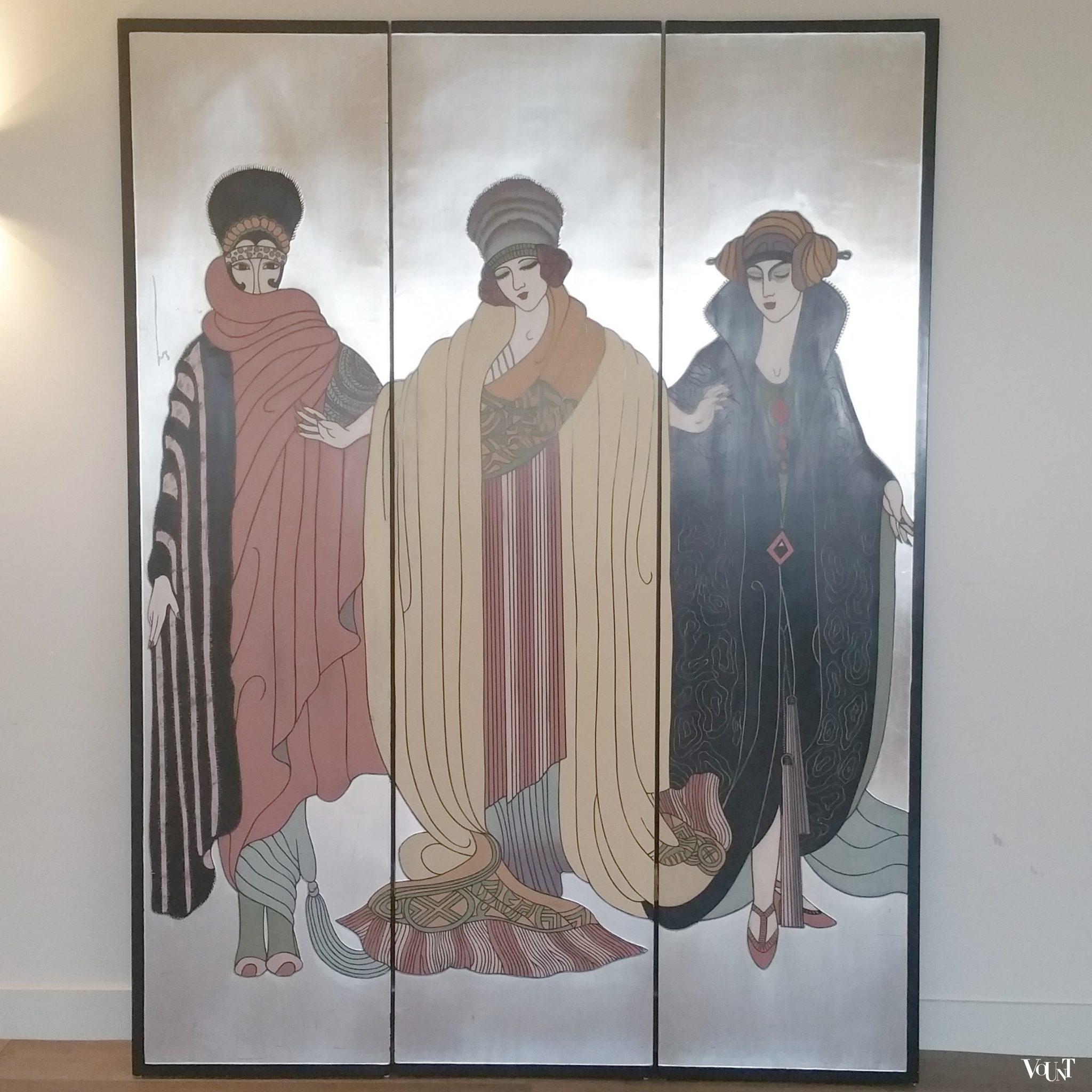 Art Deco kamerscherm met bladzilver in stijl Erté, jaren '60