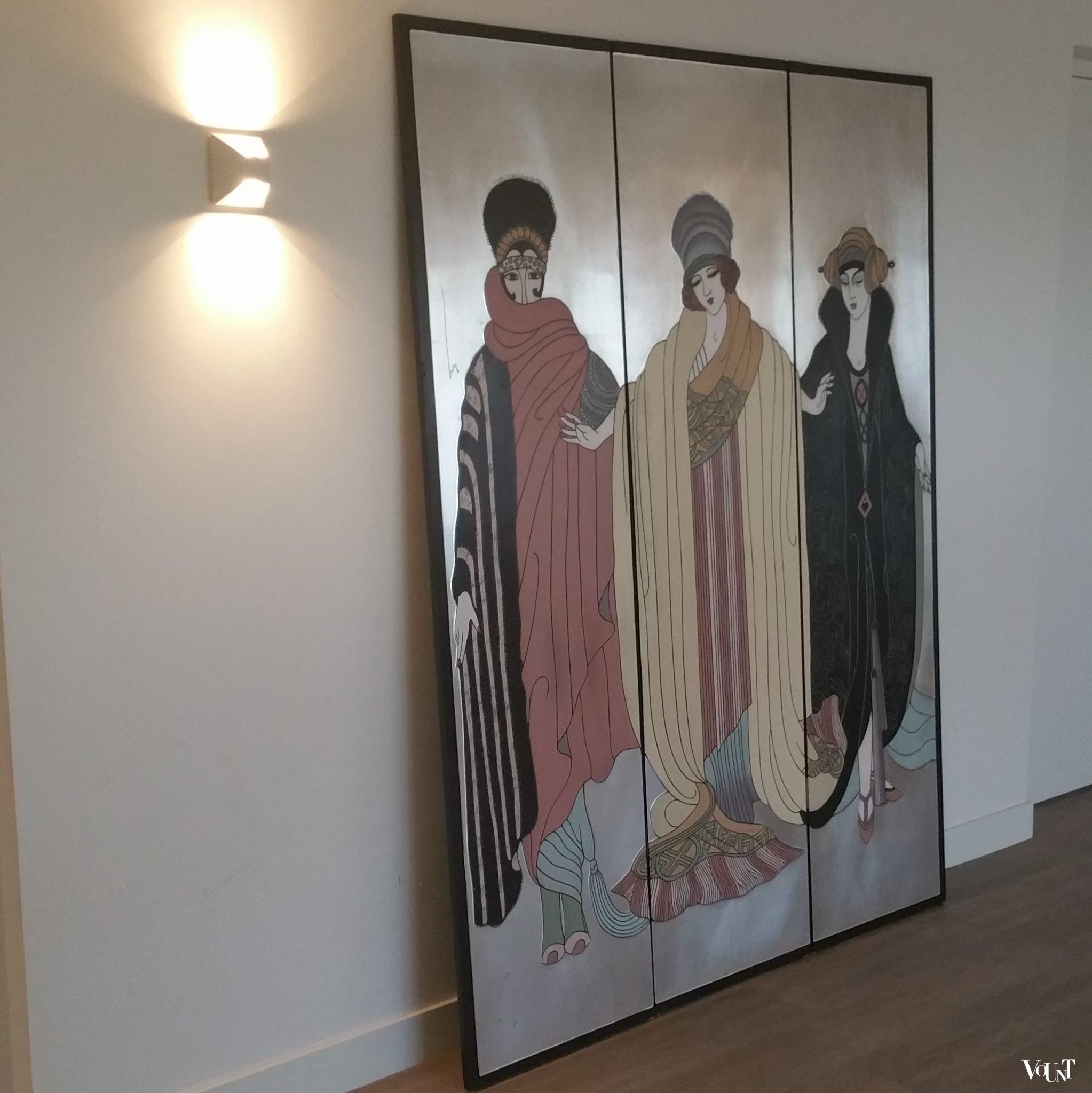 Art Deco kamerscherm met bladzilver in stijl Erté, jaren '60