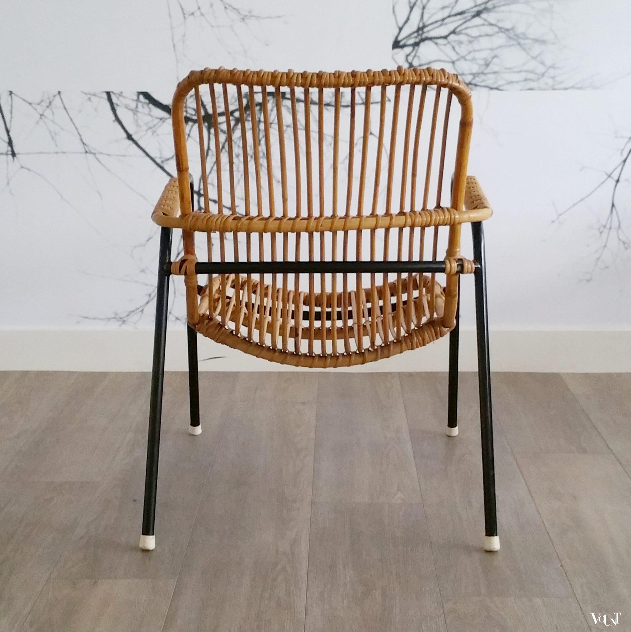 Rotan stoel met zwart metalen frame, jaren '50