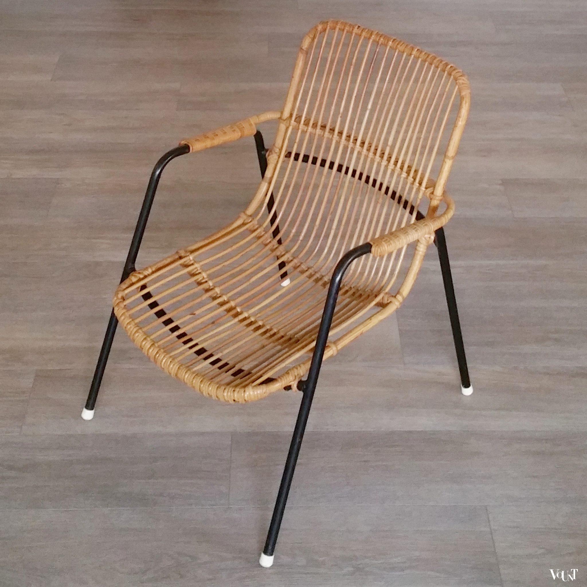 Rotan stoel met zwart metalen frame, jaren '50