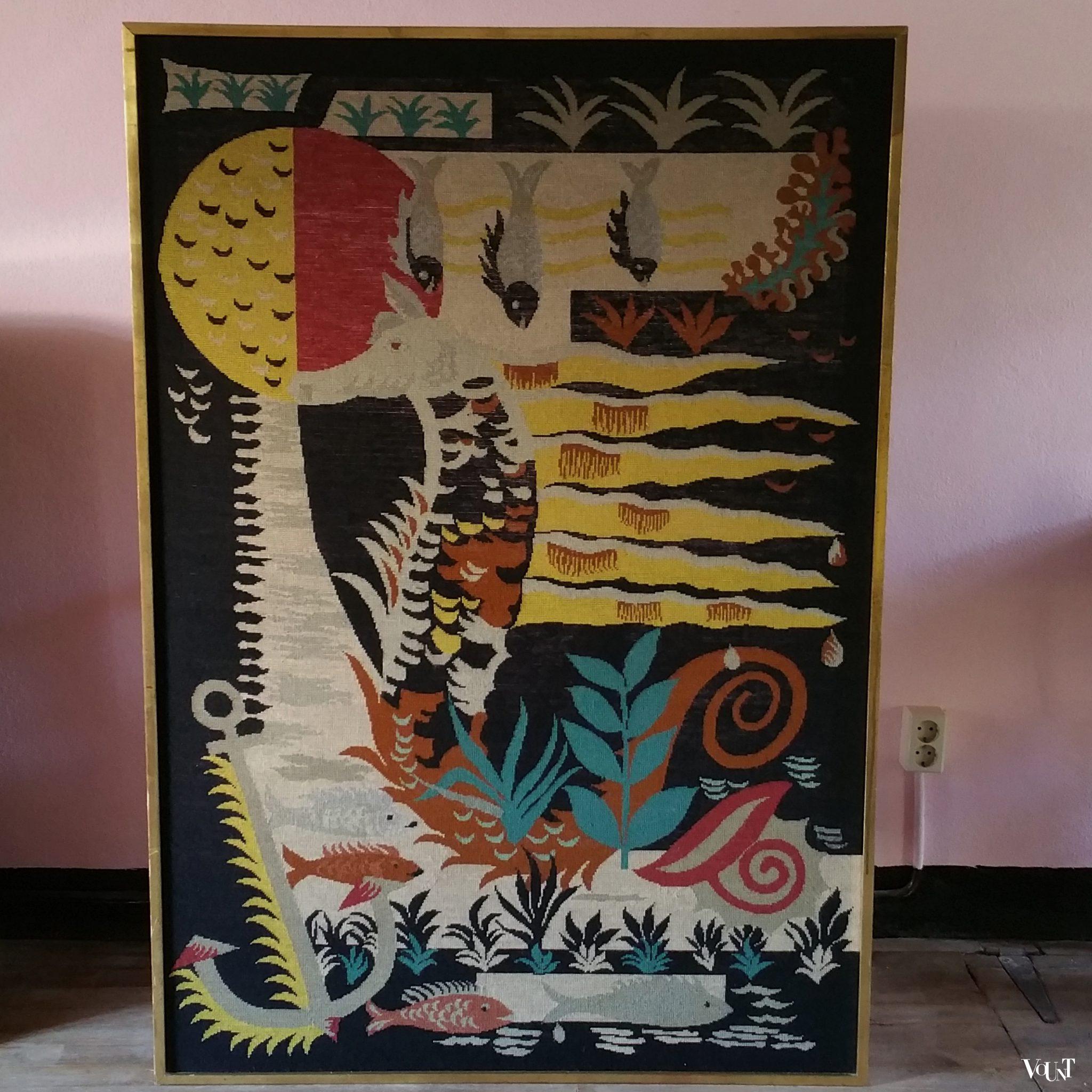 Groot wandkleed zeepaardje en vissen, jaren '60
