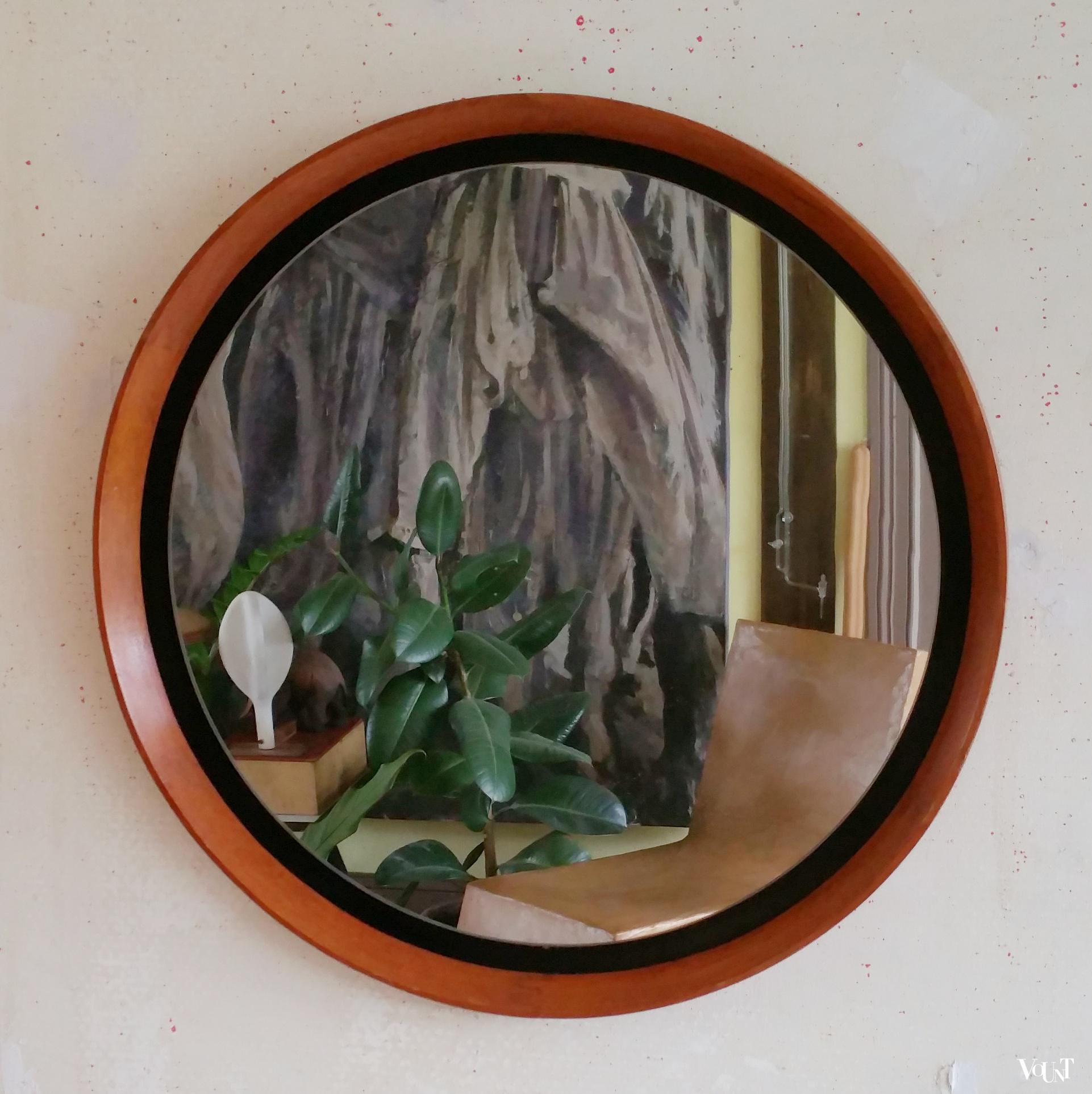 Ronde spiegel met teakhouten lijst, jaren '60