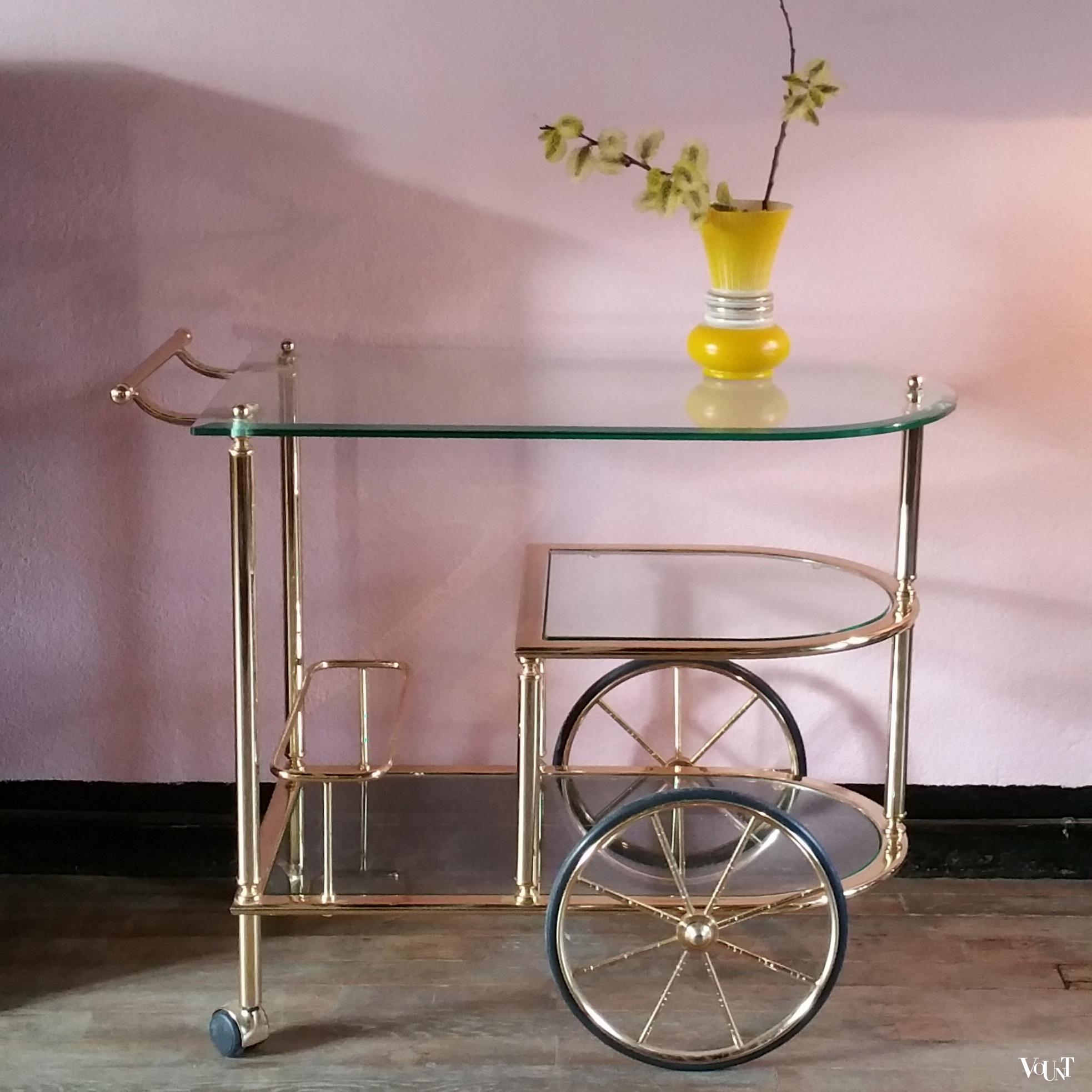 Trolley / bar cart messing en glas, jaren '80