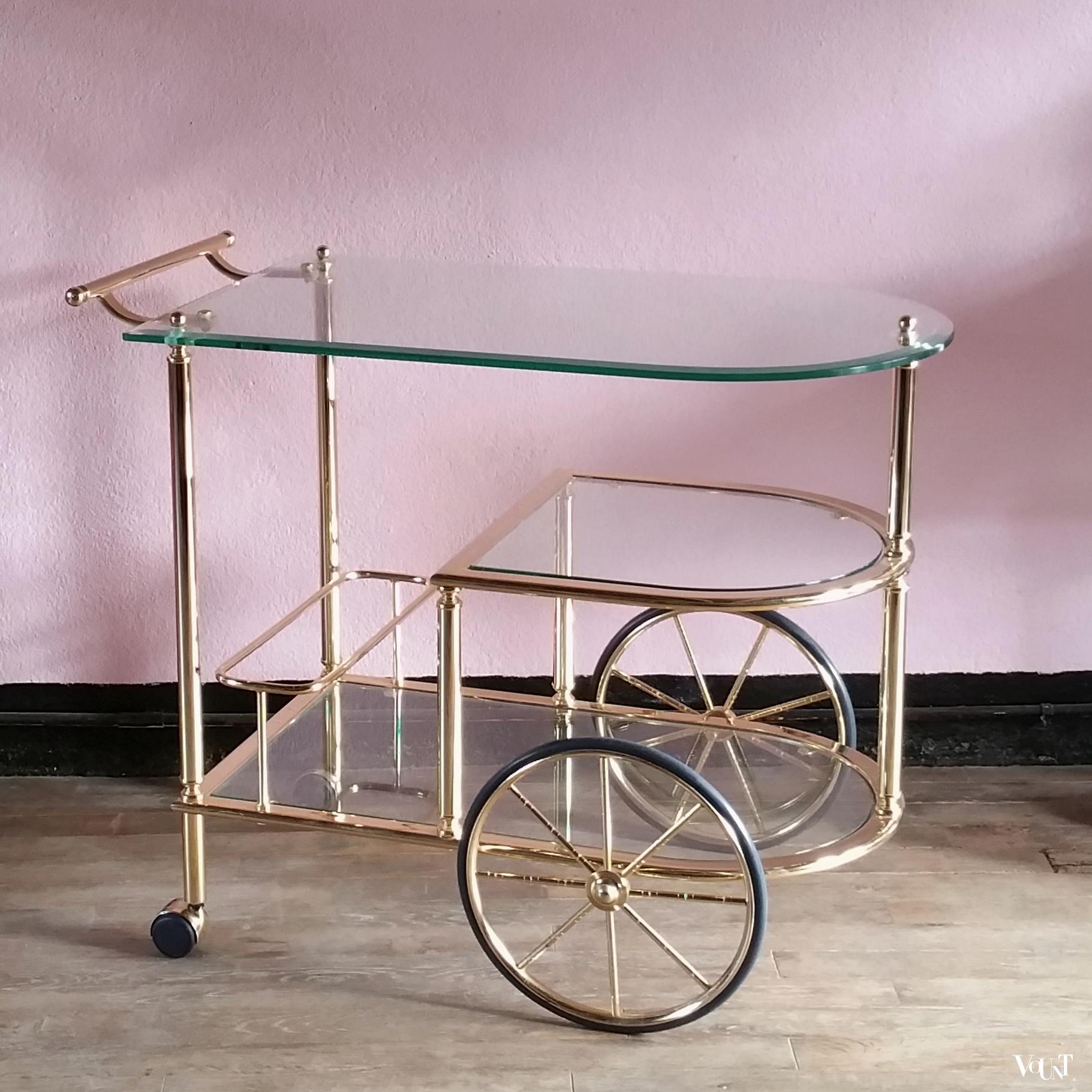 Trolley / bar cart messing en glas, jaren '80
