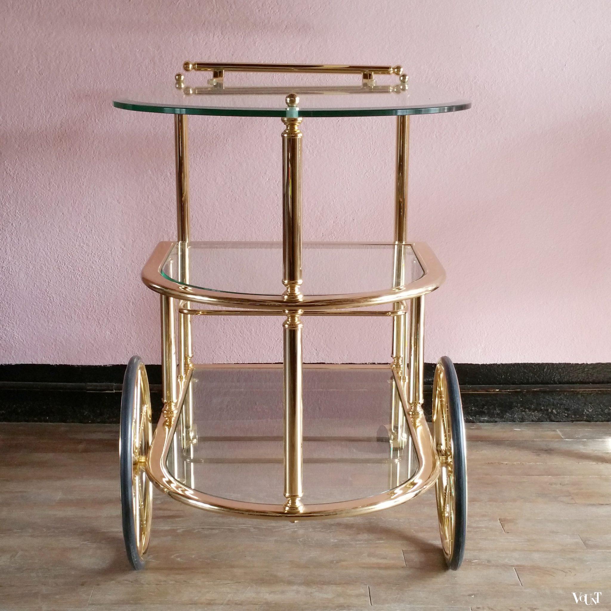 Trolley / bar cart messing en glas, jaren '80