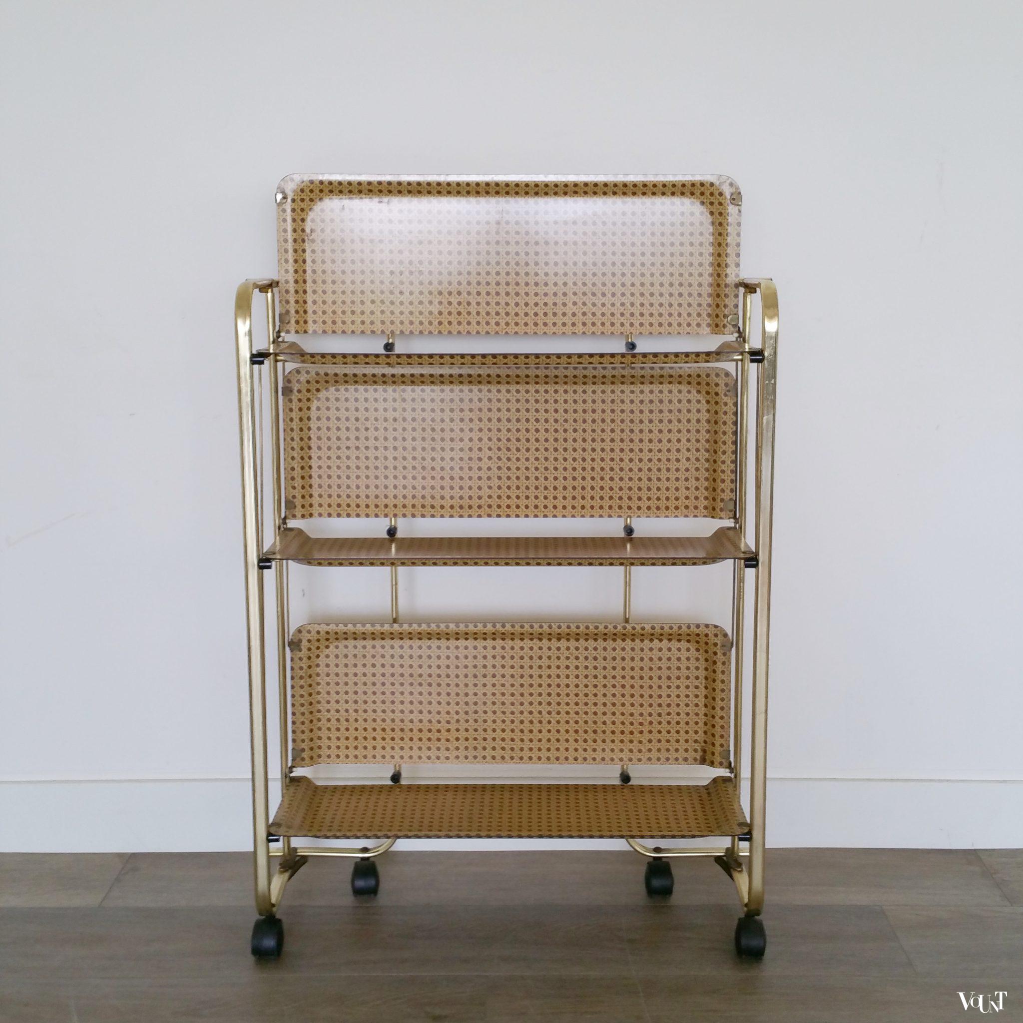 Opklapbare serveertrolley met melamine "faux rattan" bladen, jaren '60