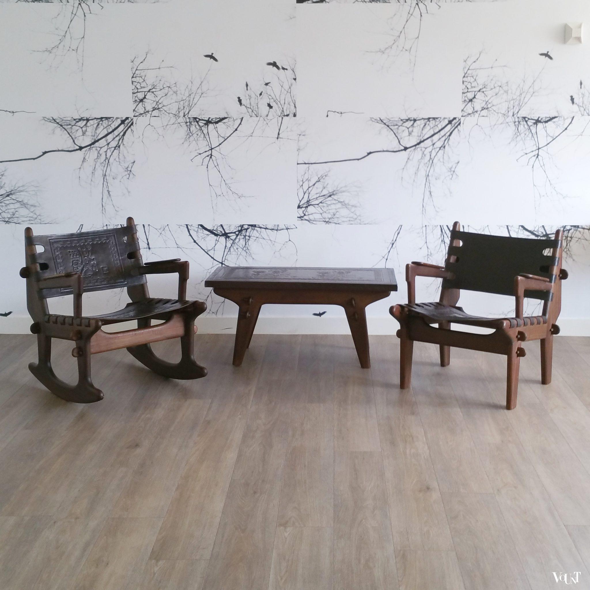 Schommelstoel hout en leer, Angel Pazmino voor Meubles de Estilo, jaren '60