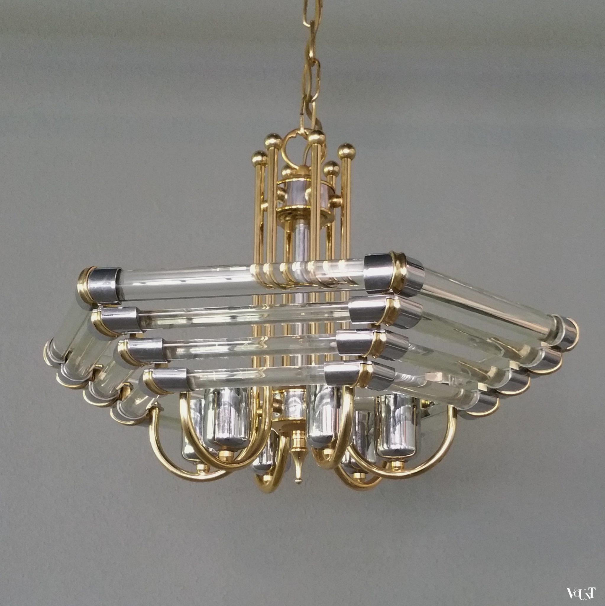 Hanglamp / kroonluchter messing en kristalglas, Bakalowits & Söhne, Oostenrijk, jaren '70