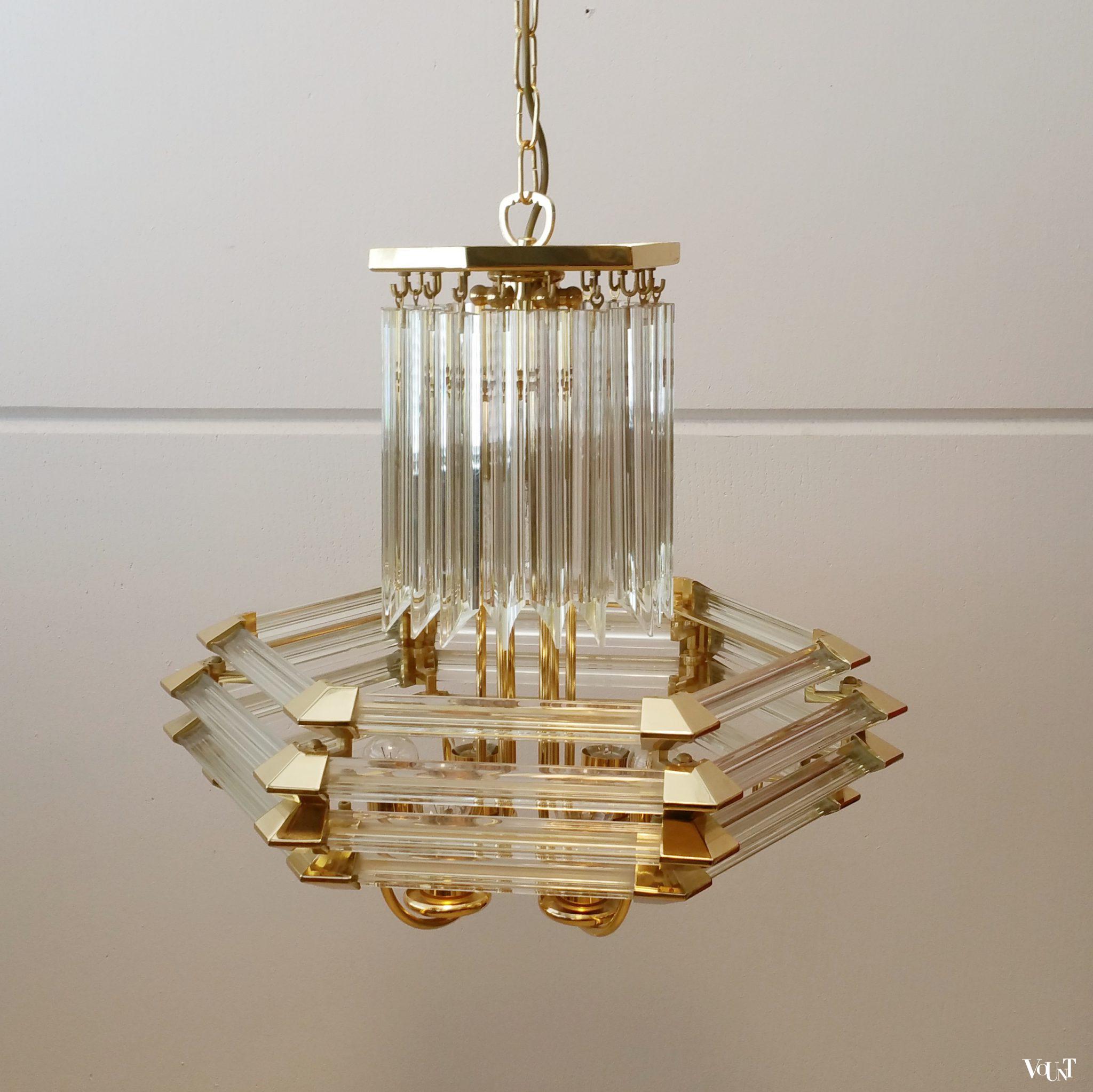 Hanglamp / kroonluchter messing en kristalglas, Bakalowits & Söhne, Oostenrijk, jaren '70