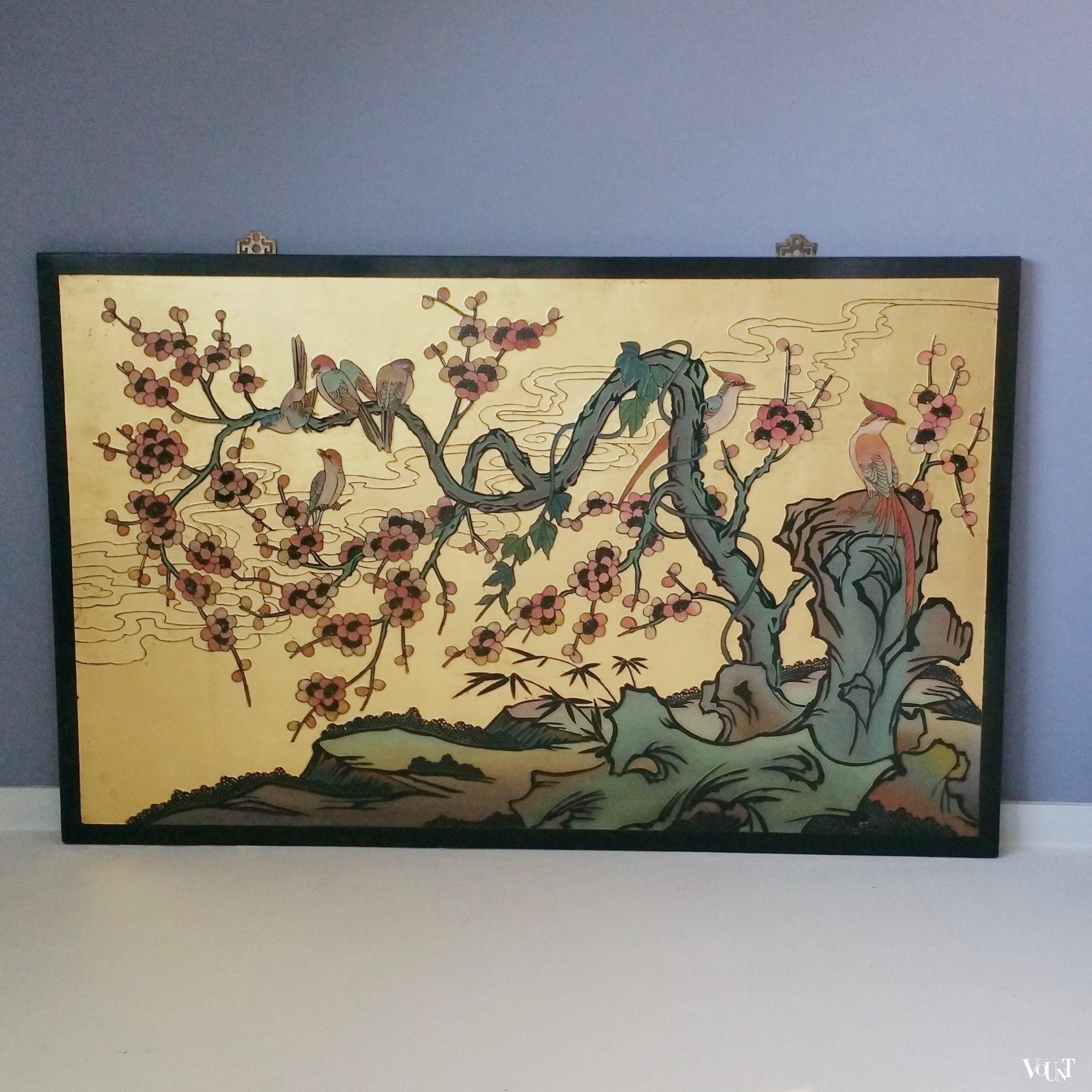 Aziatisch houten wandpaneel met bladgoud, jaren '70/'80