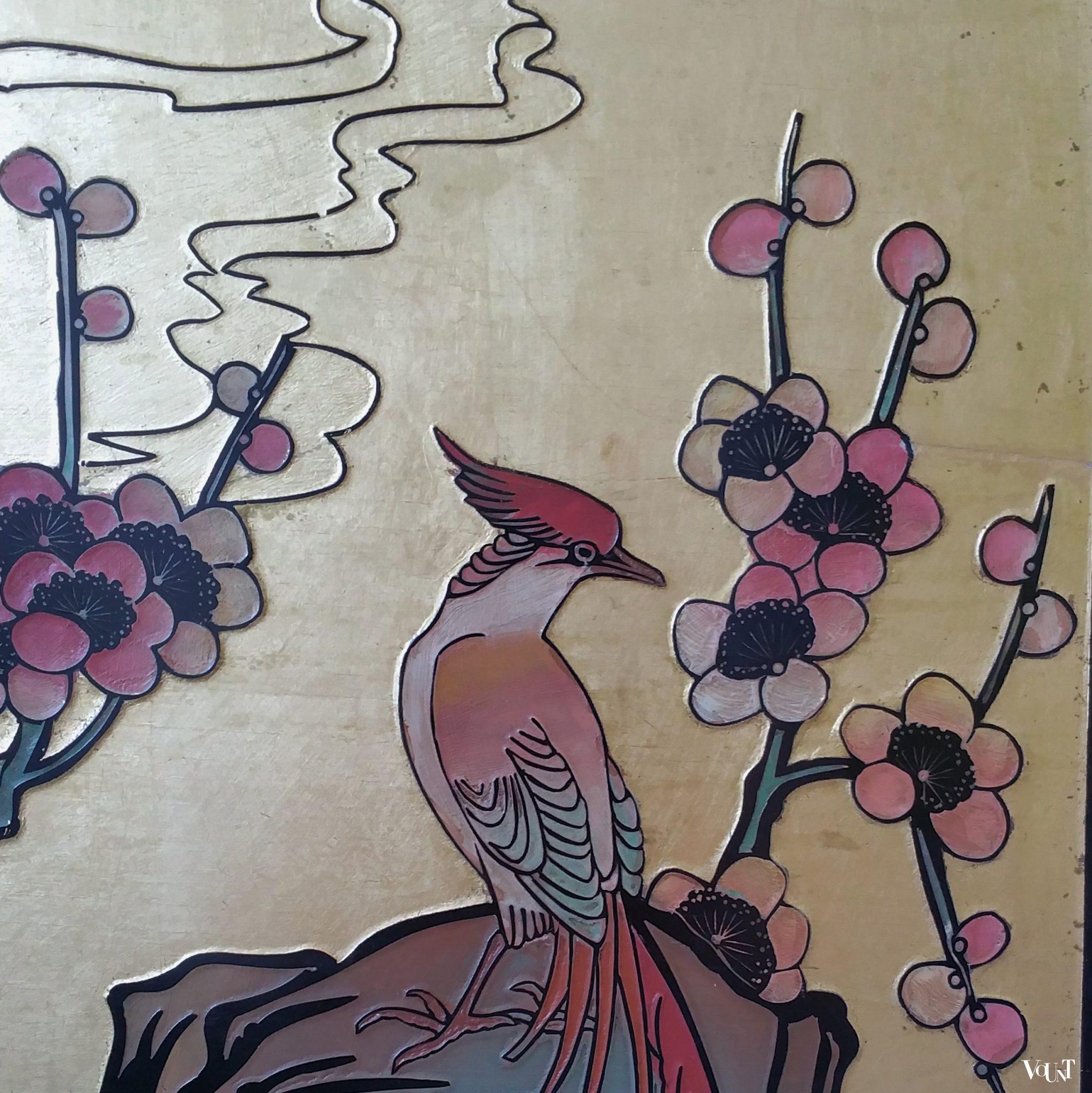 Aziatisch houten wandpaneel met bladgoud, jaren '70/'80