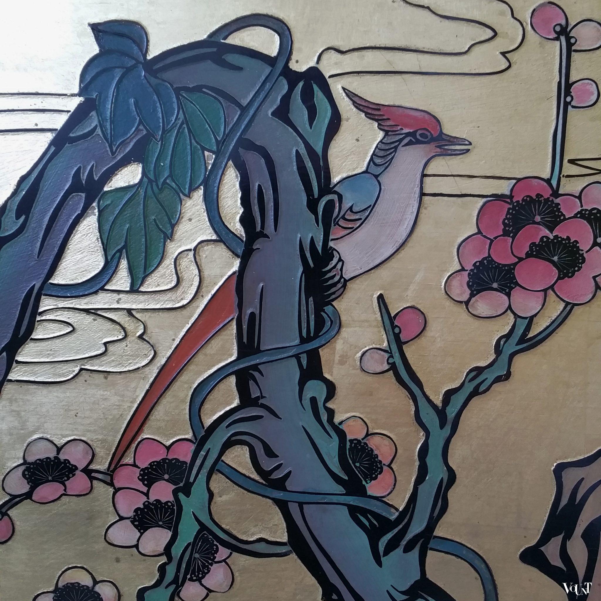 Aziatisch houten wandpaneel met bladgoud, jaren '70/'80