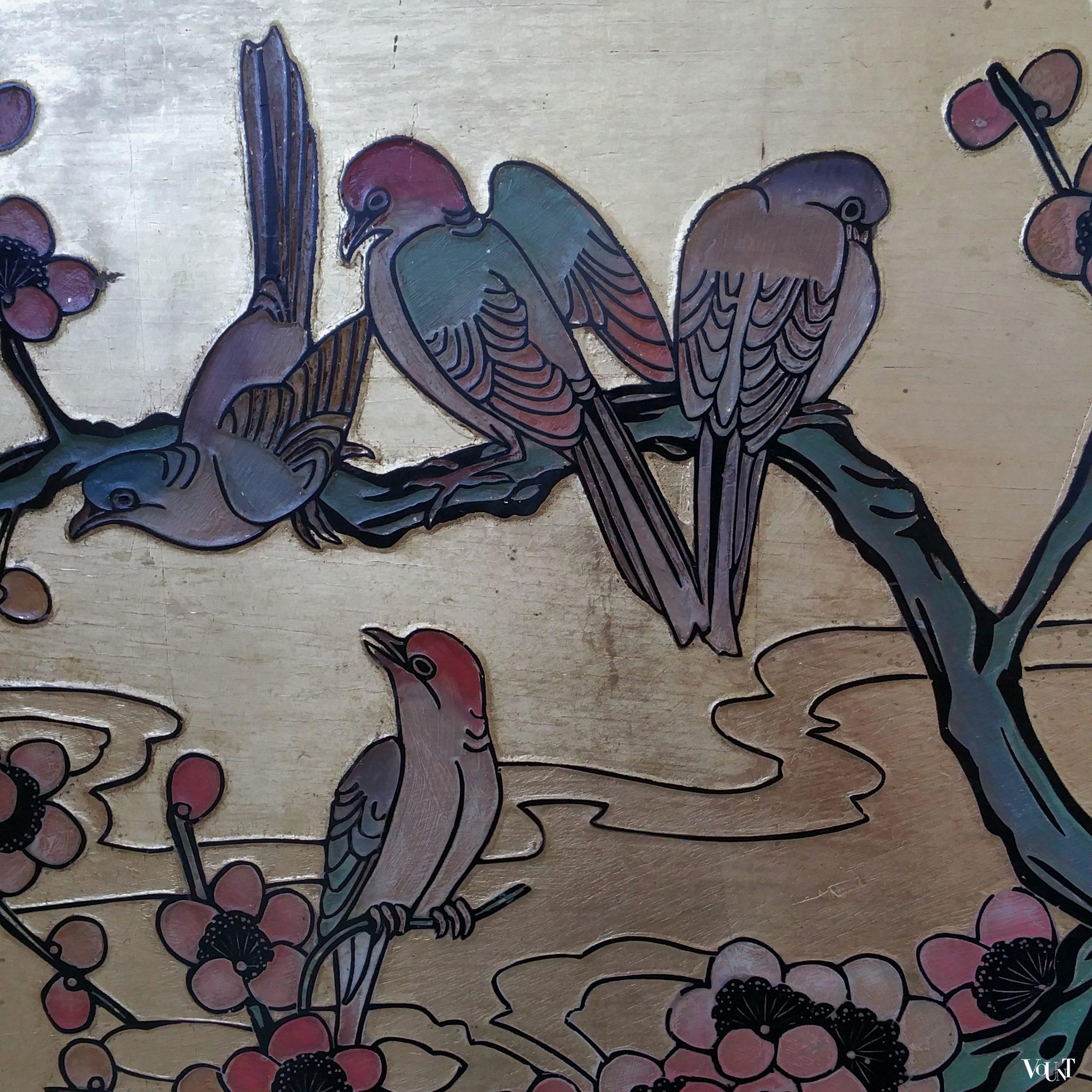 Aziatisch houten wandpaneel met bladgoud, jaren '70/'80