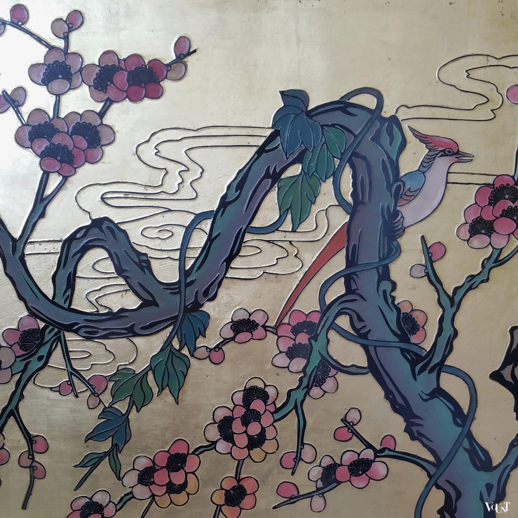 Aziatisch houten wandpaneel met bladgoud, jaren '70/'80