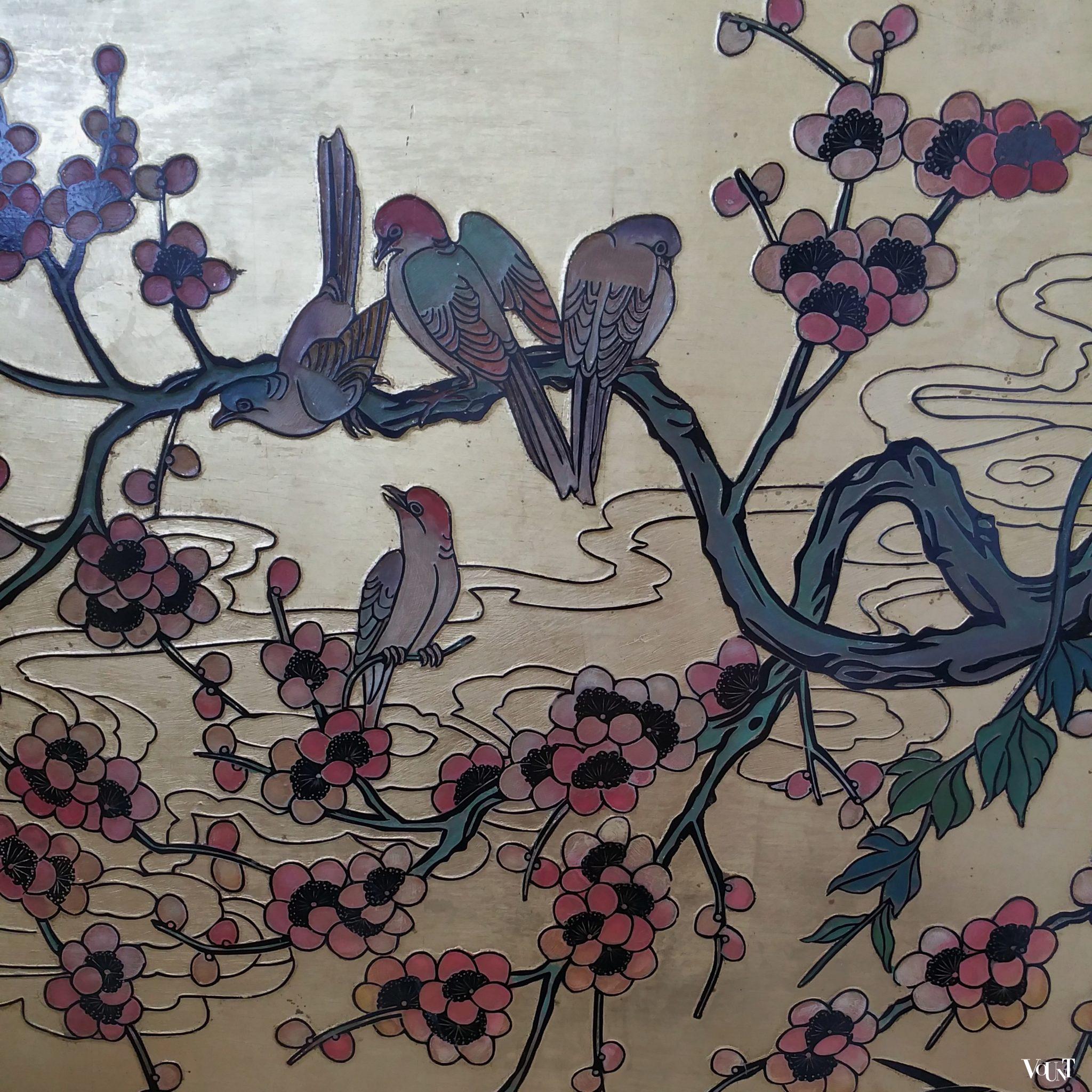 Aziatisch houten wandpaneel met bladgoud, jaren '70/'80