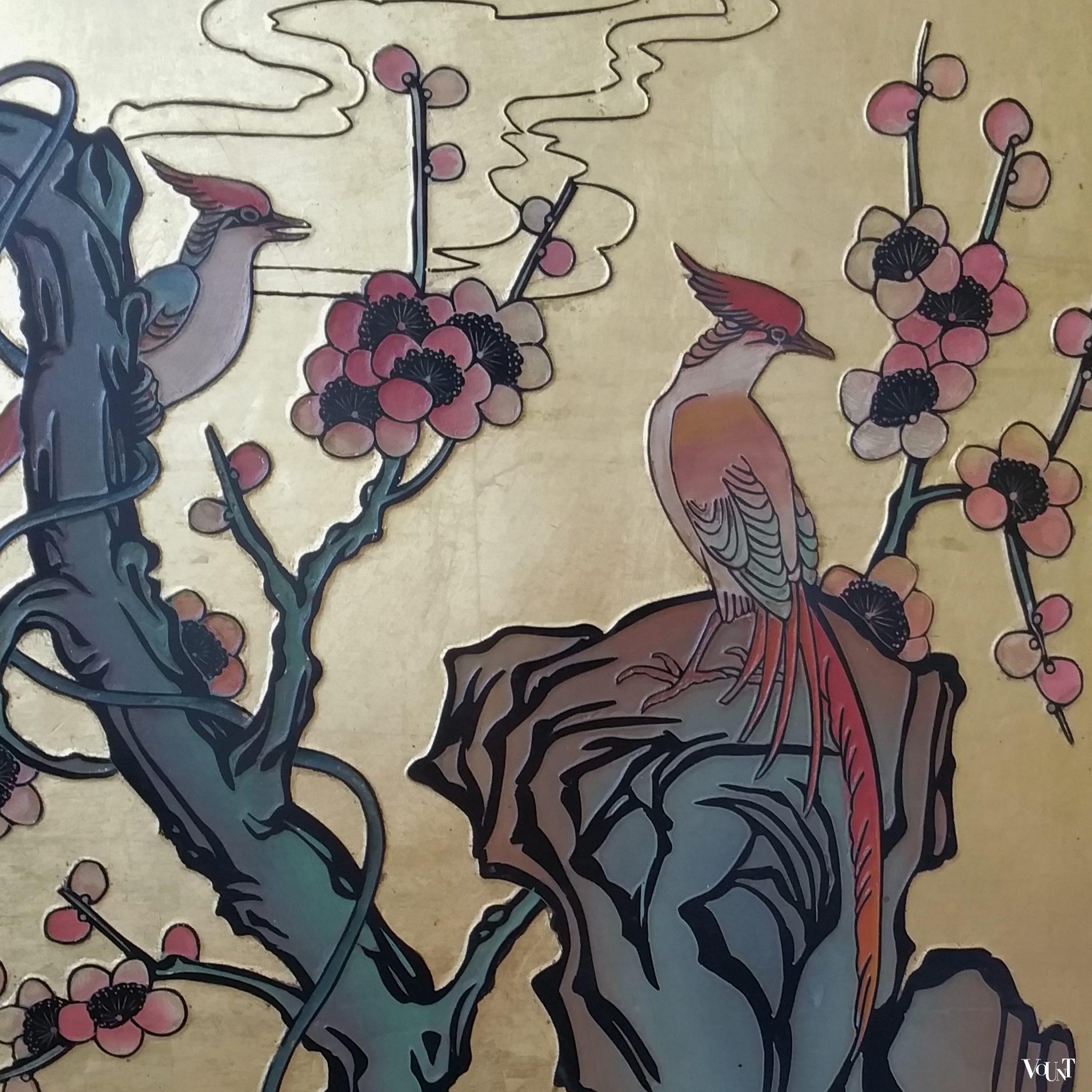 Aziatisch houten wandpaneel met bladgoud, jaren '70/'80