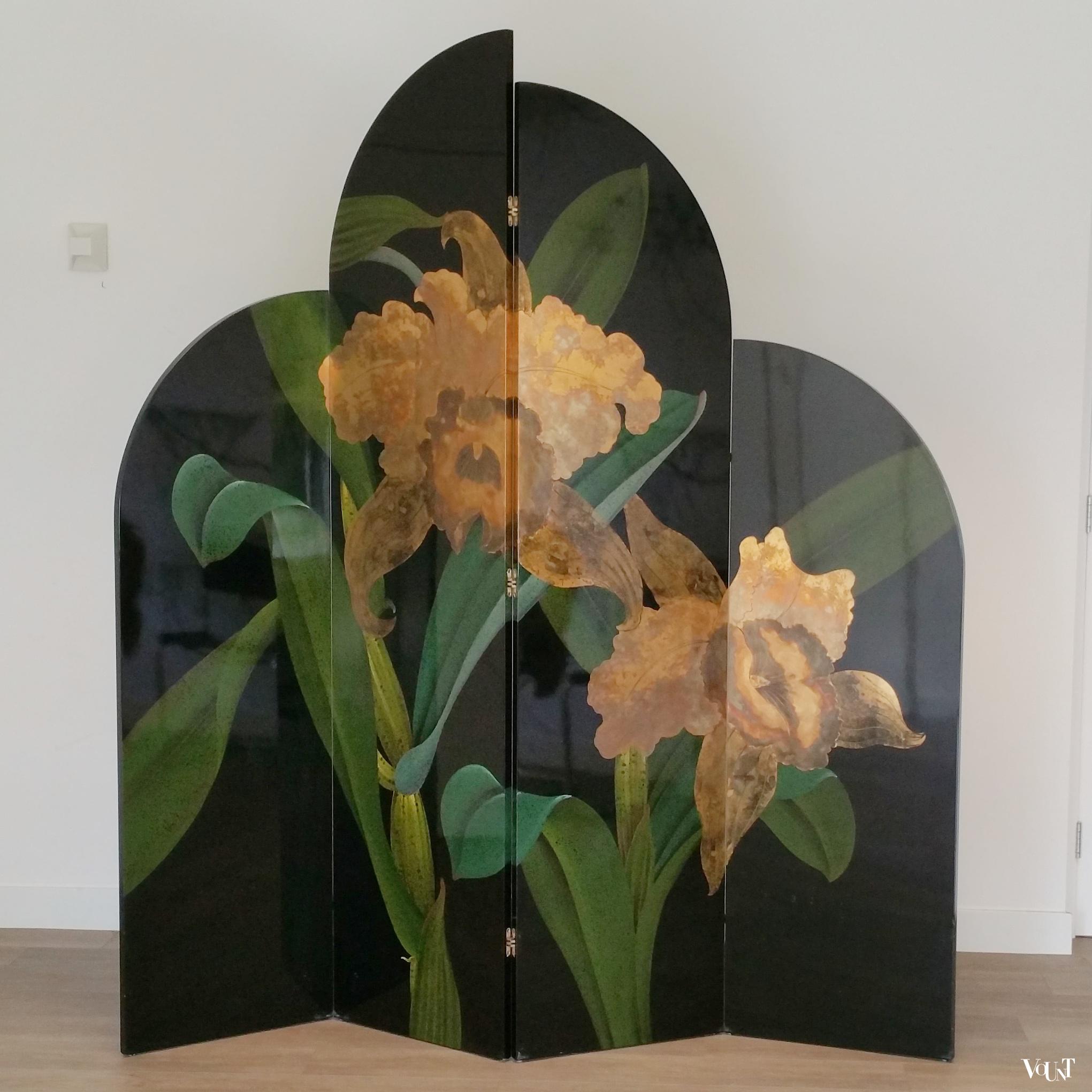 Gelakt kamerscherm met floraal motief, jaren '80