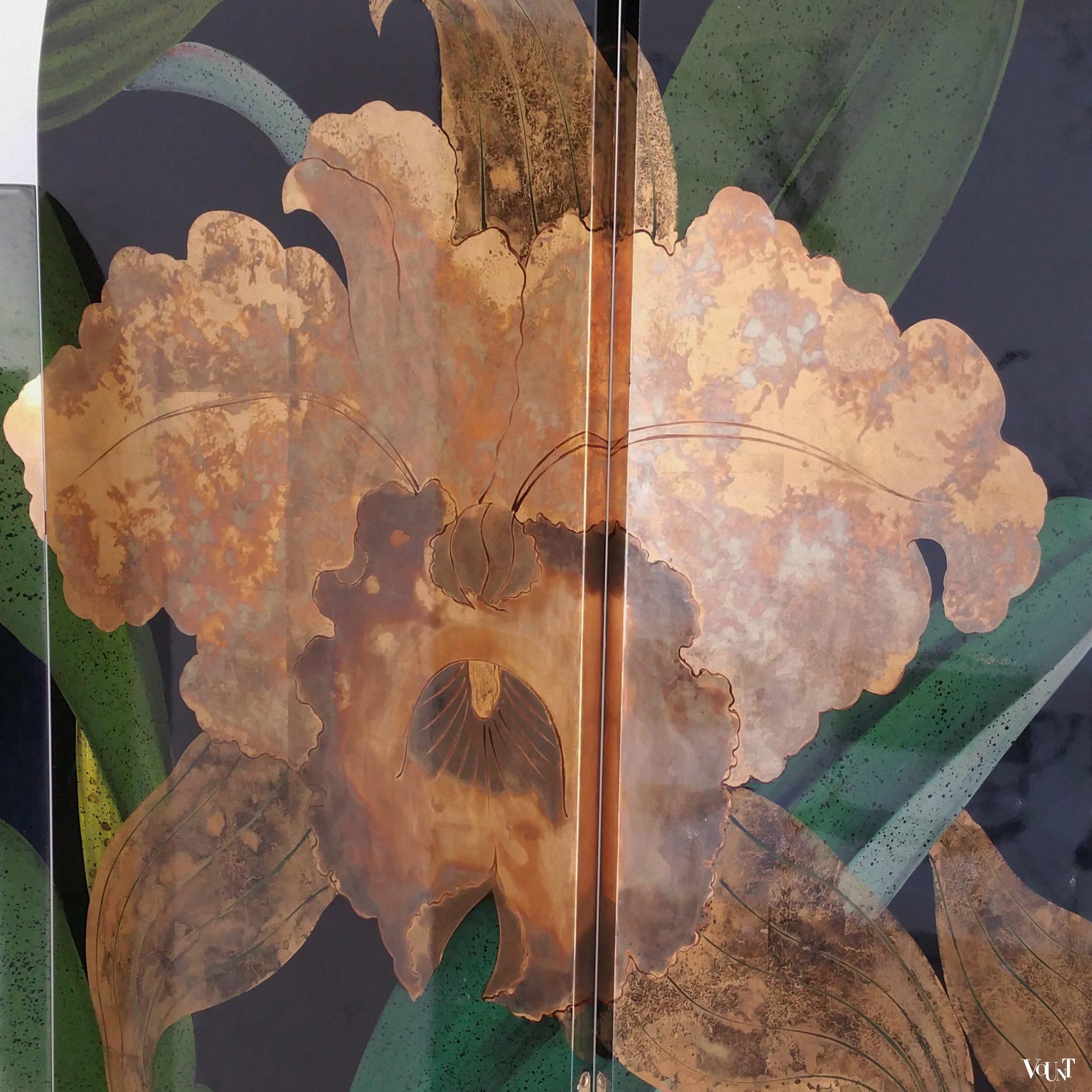 Gelakt kamerscherm met floraal motief, jaren '80