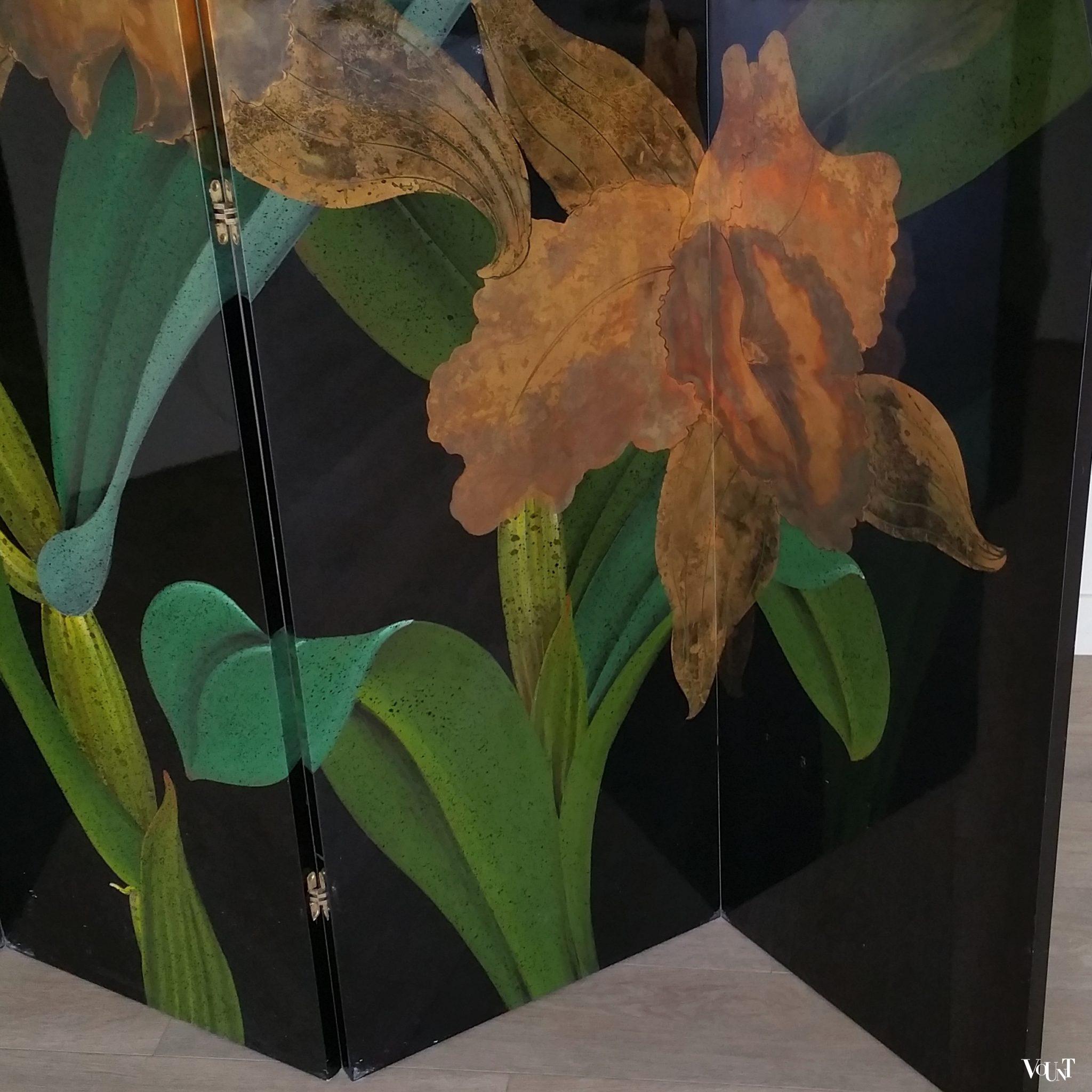 Gelakt kamerscherm met floraal motief, jaren '80