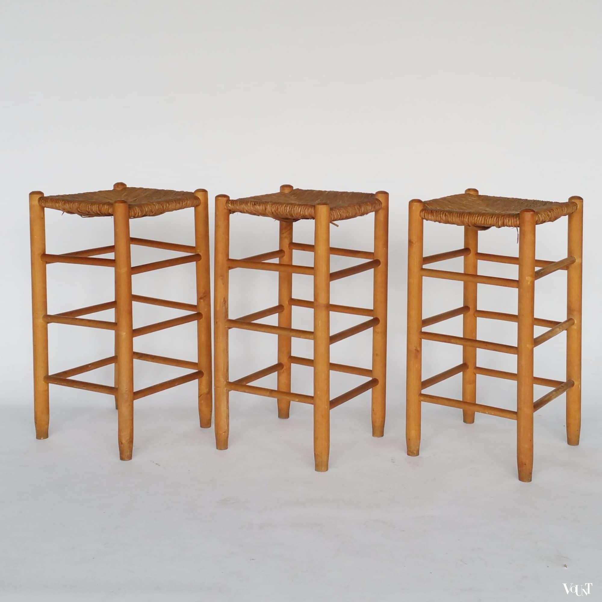 Set van 3 midcentury krukken met biezen zitting, jaren '60