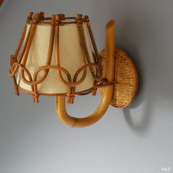 Set van 2 Franse rotan wandlampjes, jaren '50