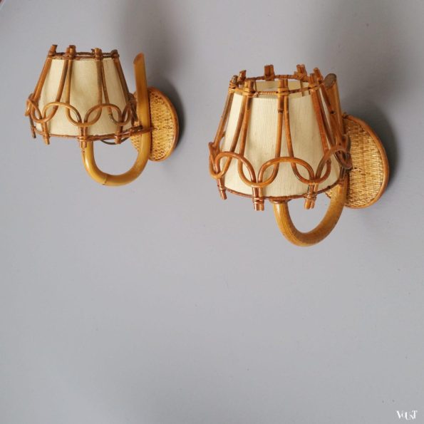 Set van 2 Franse rotan wandlampjes, jaren '50