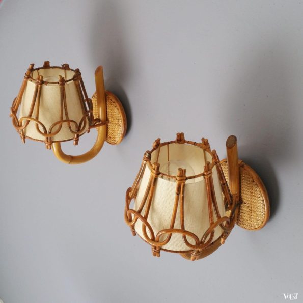 Set van 2 Franse rotan wandlampjes, jaren '50