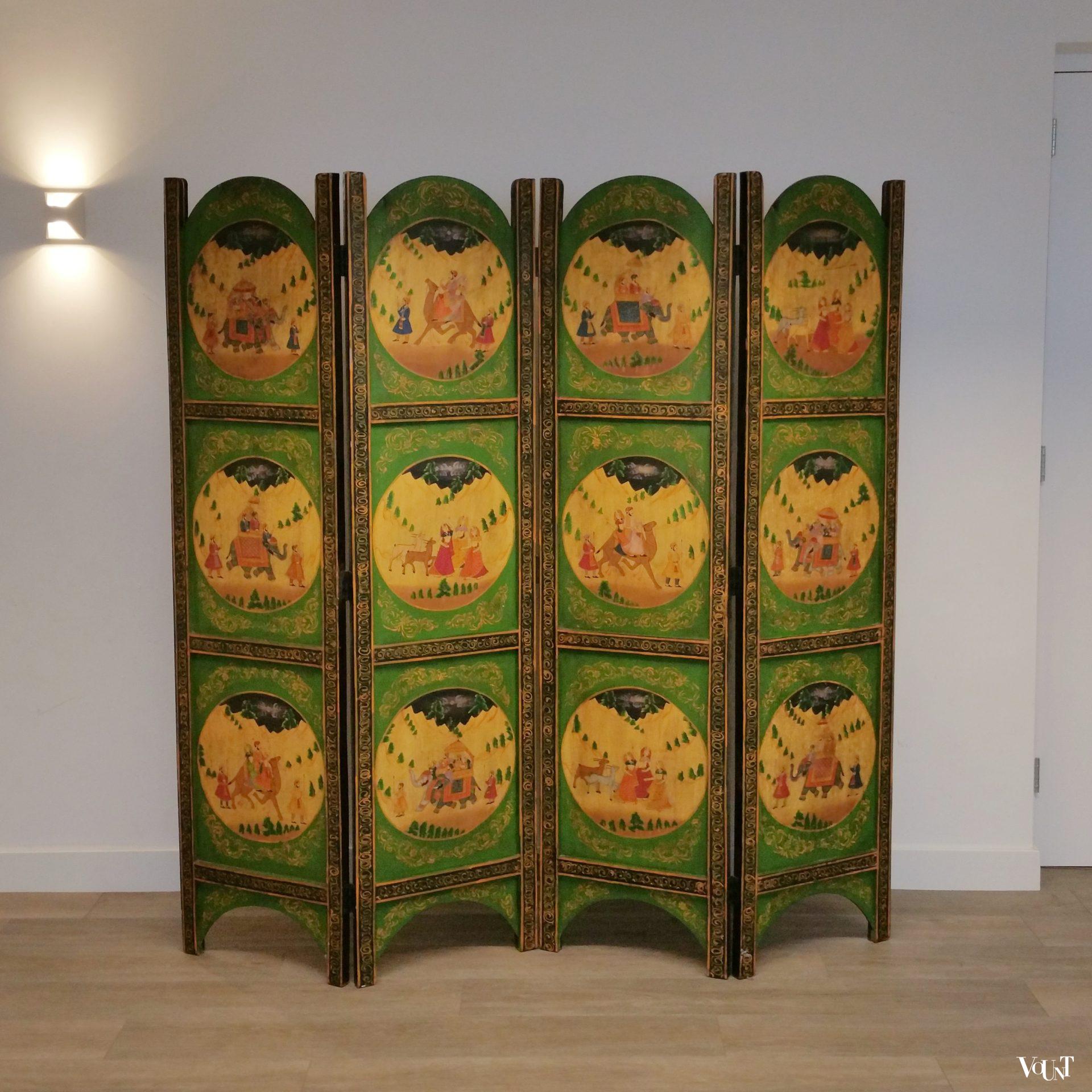 Handbeschilderd houten Indiaas kamerscherm, ca. jaren '30