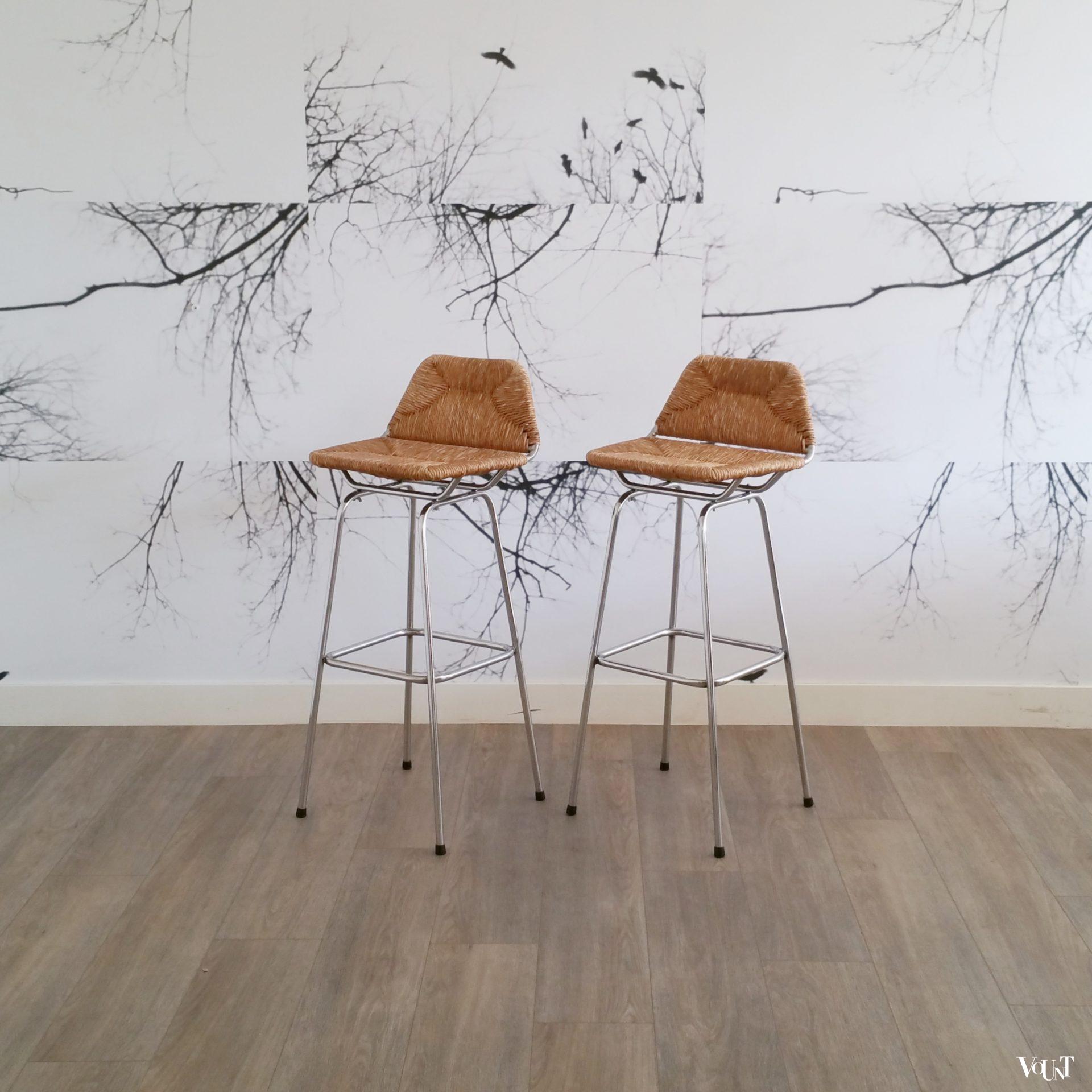 Set van 2 barkrukken metaal en biezen, jaren '60