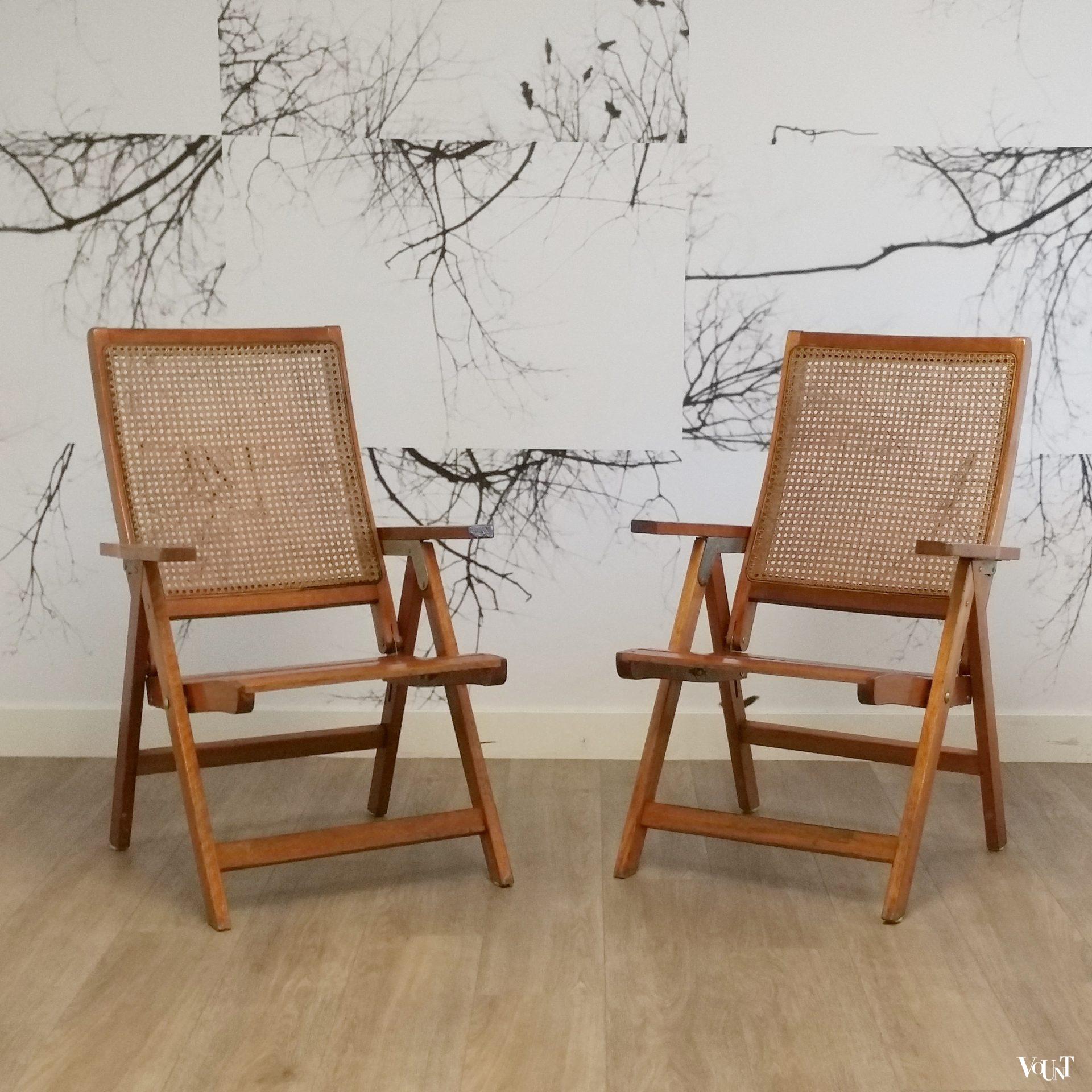 Set van 2 houten tuinstoelen met rotan webbing, jaren '70