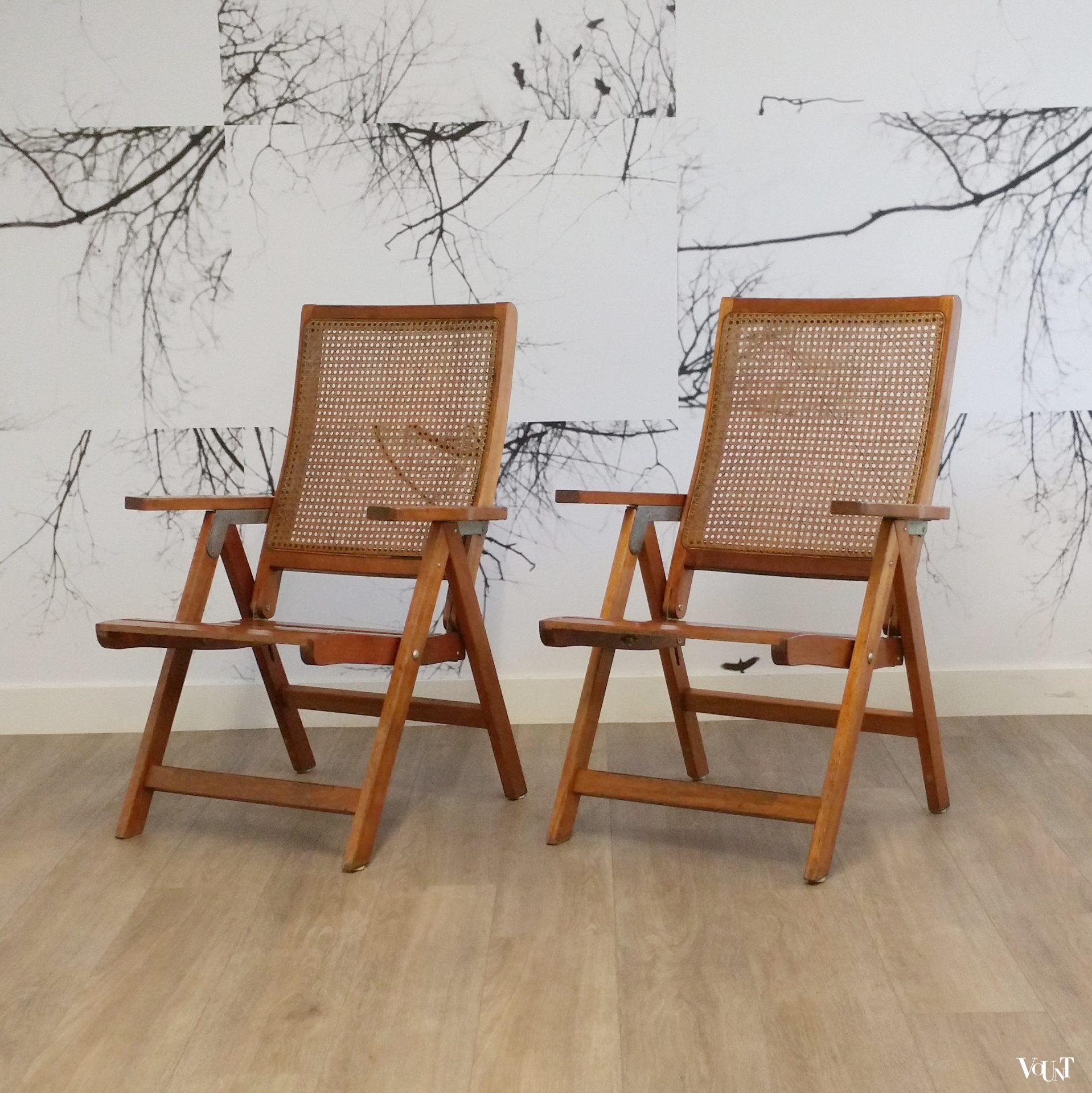 Set van 2 houten tuinstoelen met rotan webbing, jaren '70