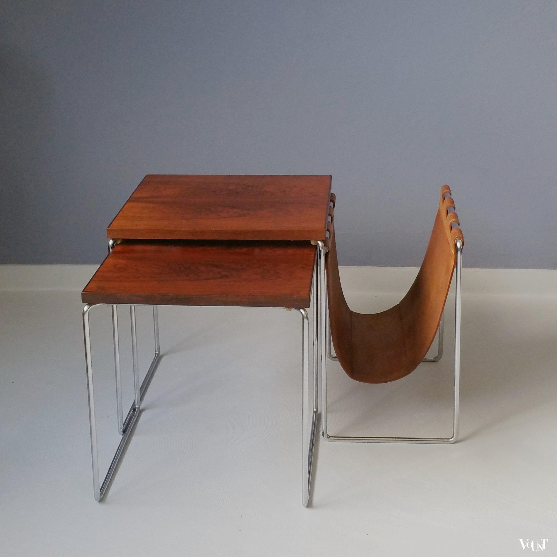 Bijzettafeltjes met leren lectuurbak, Brabantia, jaren '60/'70