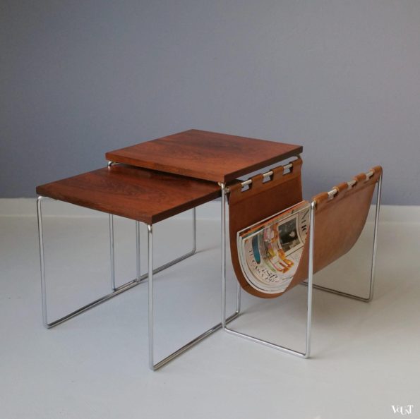 Bijzettafeltjes met leren lectuurbak, Brabantia, jaren '60/'70