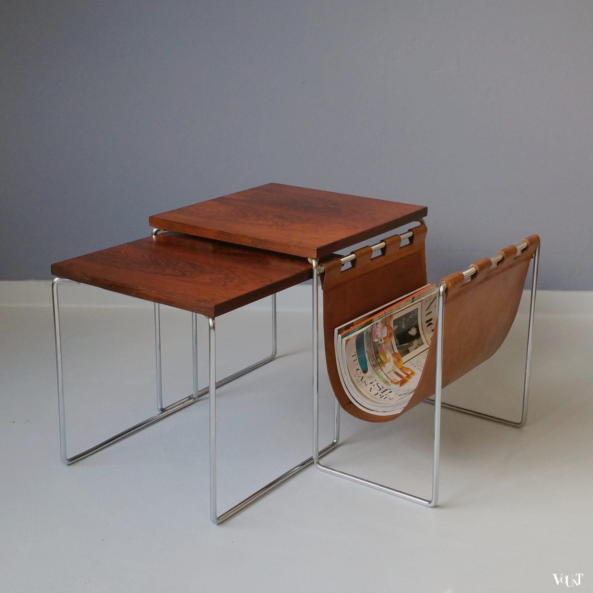 Bijzettafeltjes met leren lectuurbak, Brabantia, jaren '60/'70