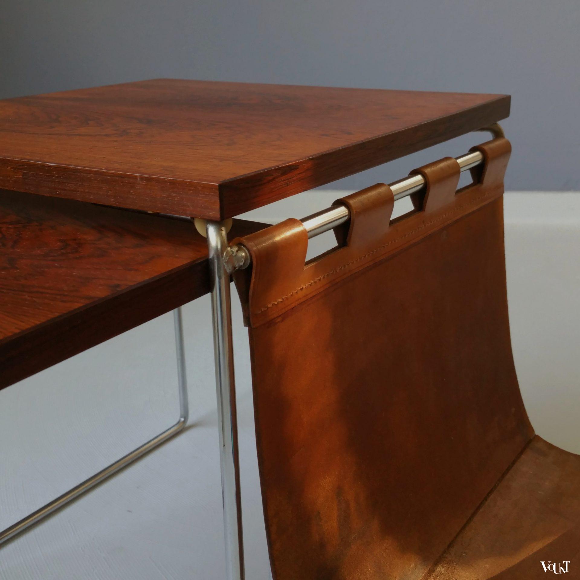 Bijzettafeltjes met leren lectuurbak, Brabantia, jaren '60/'70